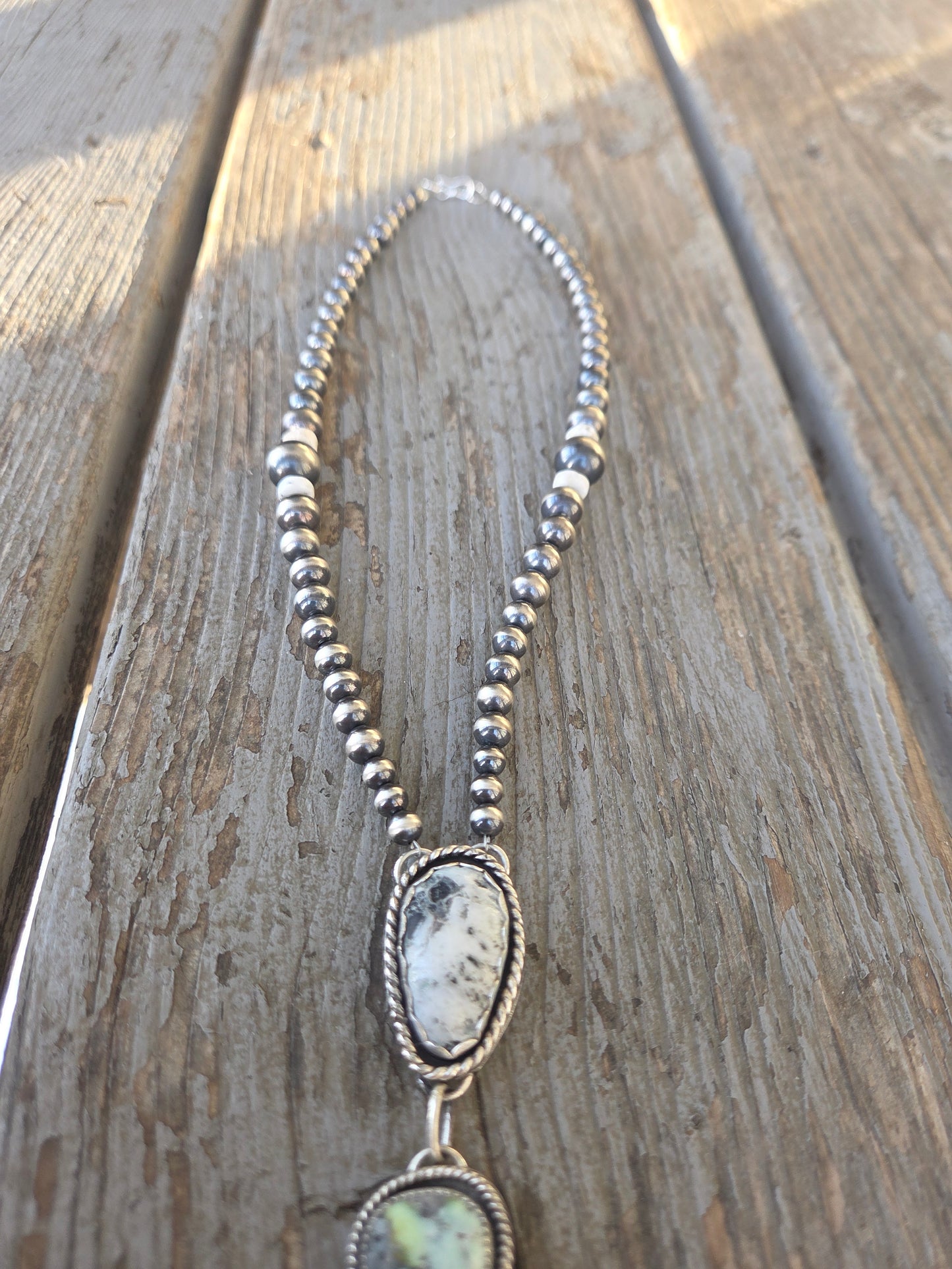 Lariat White Buffalo, Palomino, CottonCandy & Sterling Silver Navajo Style Pearl • 16 inches with 6 inch drop