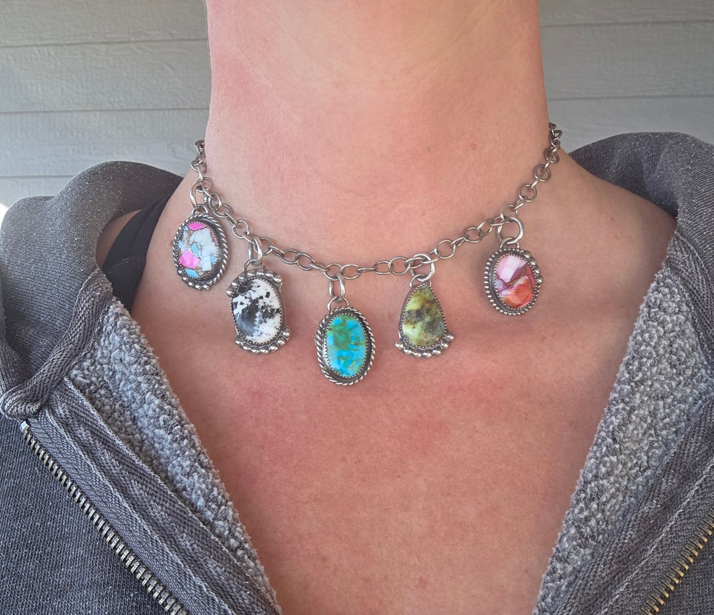 Choker Charm• Sierra Belle Turquoise • White Buffalo • Palomino • Cotton Candy • Pink Spiny Adjustable up to 16 inches.