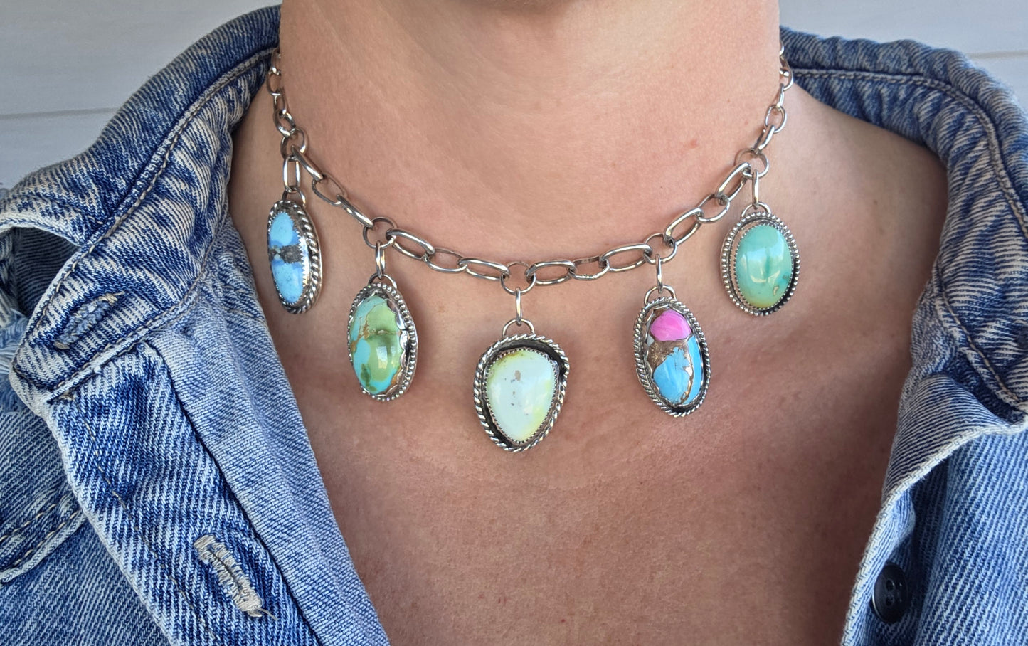 Golden Hill, Palomino, Sonoran Mountain, Cotton Candy, Emerald Valley Turquoise •Handmade Chain Link Choker Charm• Adjustable up to 16 inches