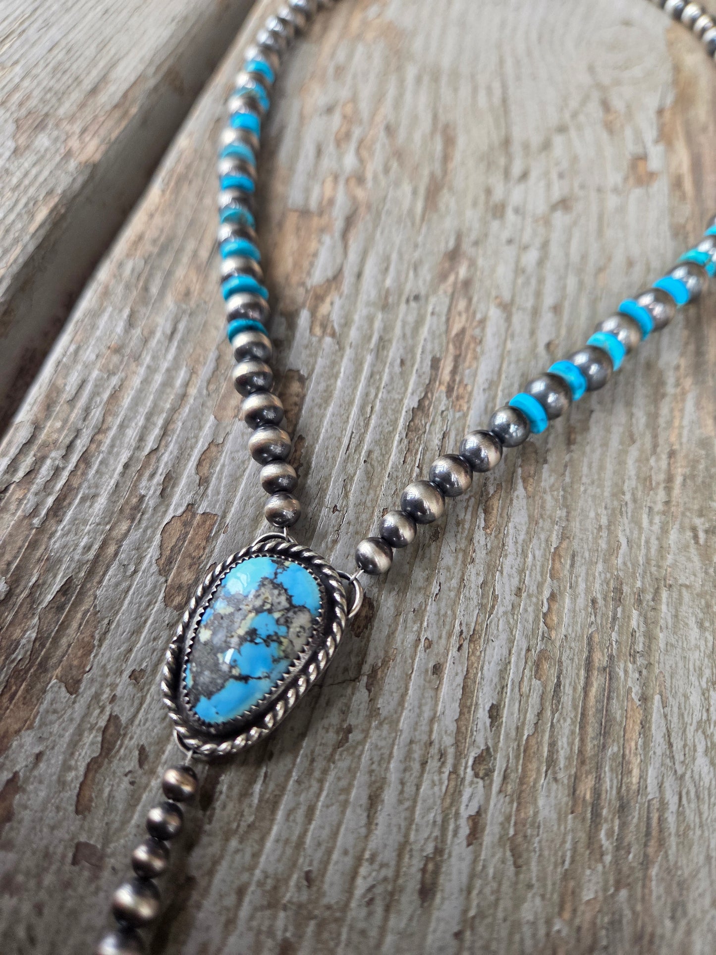 Golden Hill Turquoise Lariat & Sterling Silver Navajo Style Pearls & Turquoise 16 inches