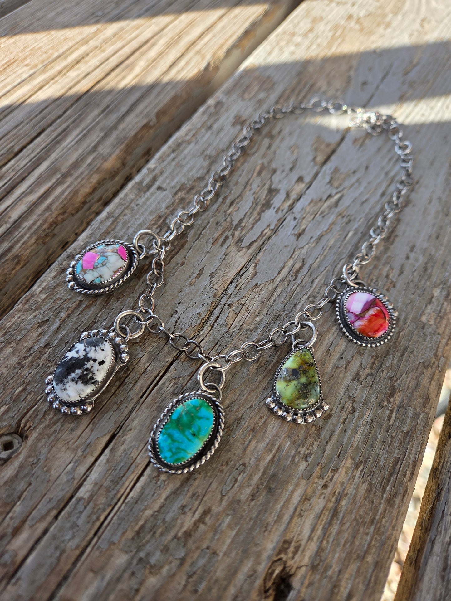 Choker Charm• Sierra Belle Turquoise • White Buffalo • Palomino • Cotton Candy • Pink Spiny Adjustable up to 16 inches.