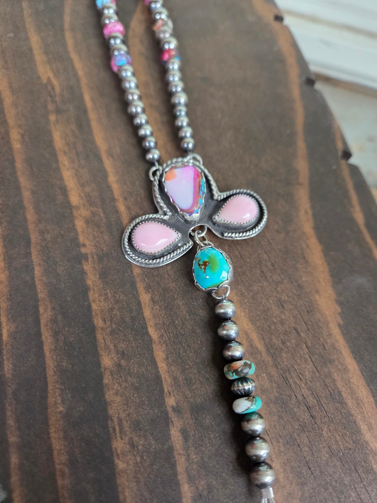 Pink Spiny• Pink Conch • Sonoran Mountain • Sterling Pearls• Purple & Orange Spiny beads.5 inches with 6 inch drop