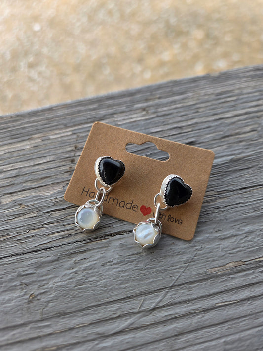 Black Onyx Heart & Mother of Pearl Earrings