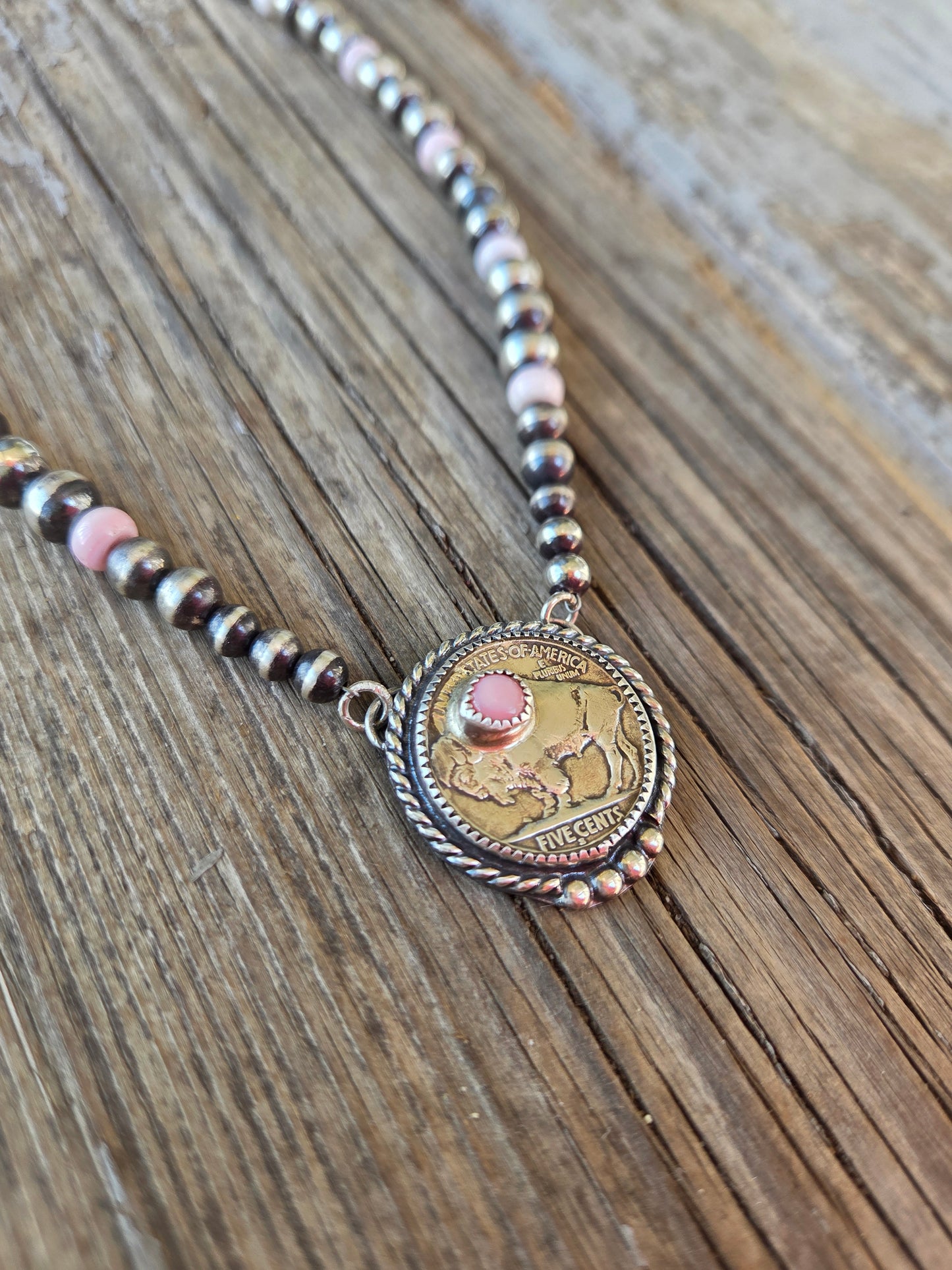 Buffalo Coin  & Pink Conch • Sterling Silver Pearls & Pink Conch Beads