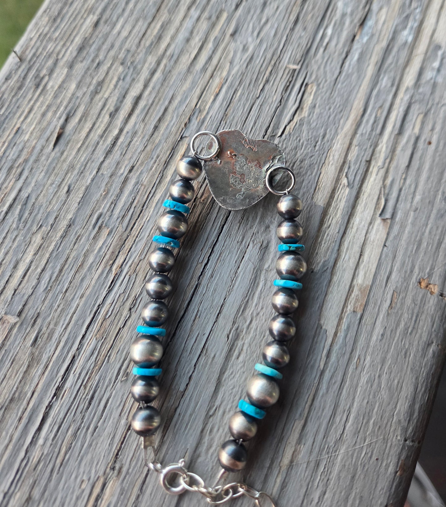 Kingsmen Heart •Sterling Silver Navajo Style Pearl • Turquoise Sterling Silver Adjustable clasp.  fits size 6.25-8