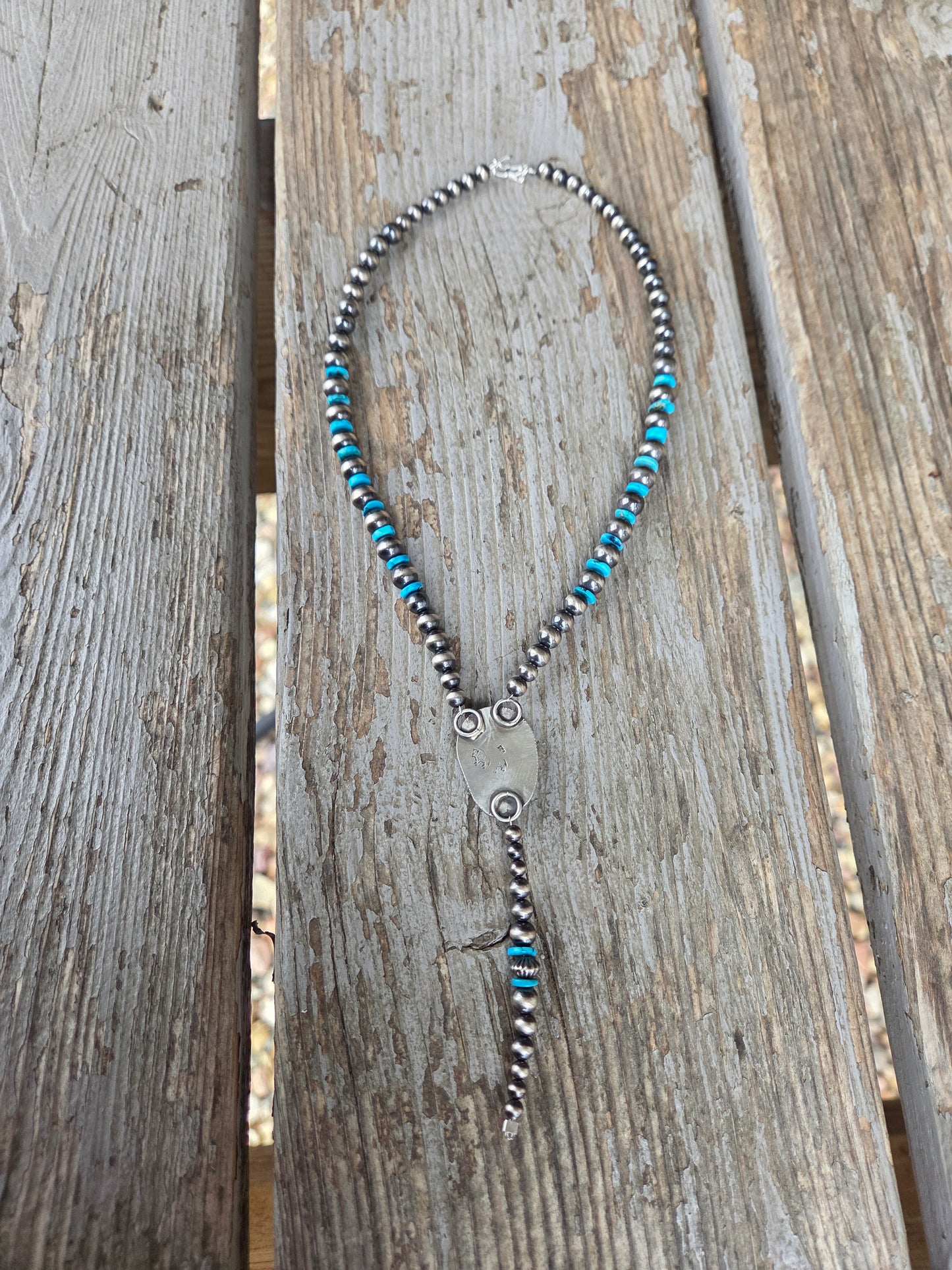 Golden Hill Turquoise Lariat & Sterling Silver Navajo Style Pearls & Turquoise 16 inches