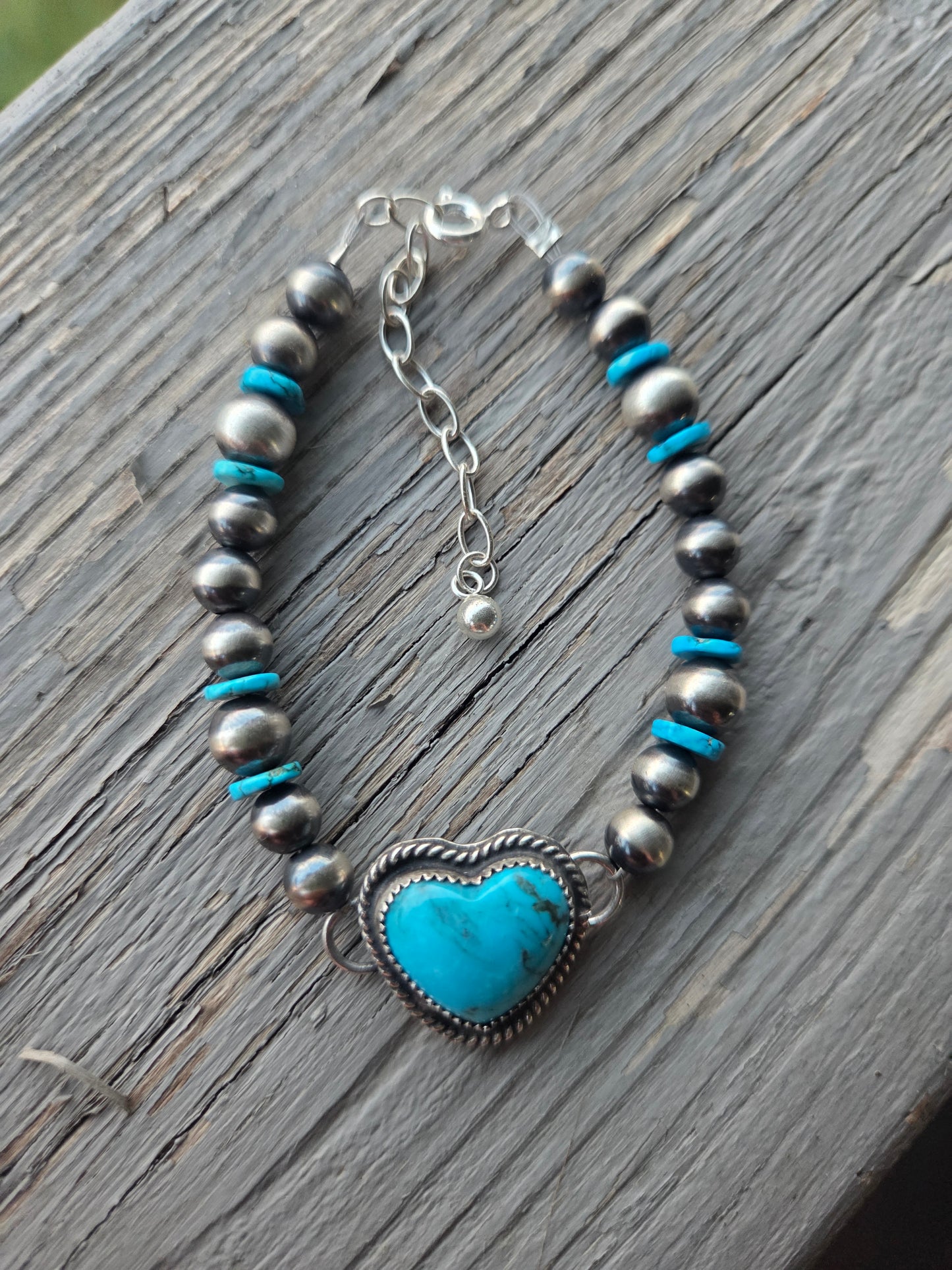 Kingsmen Heart •Sterling Silver Navajo Style Pearl • Turquoise Sterling Silver Adjustable clasp.  fits size 6.25-8