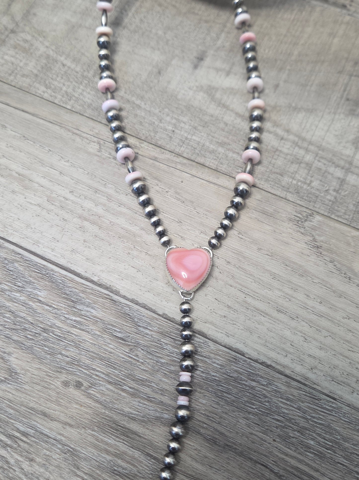 Pink Conch Lariat & Sterling Silver Navajo Style Pearls 16.5 inches