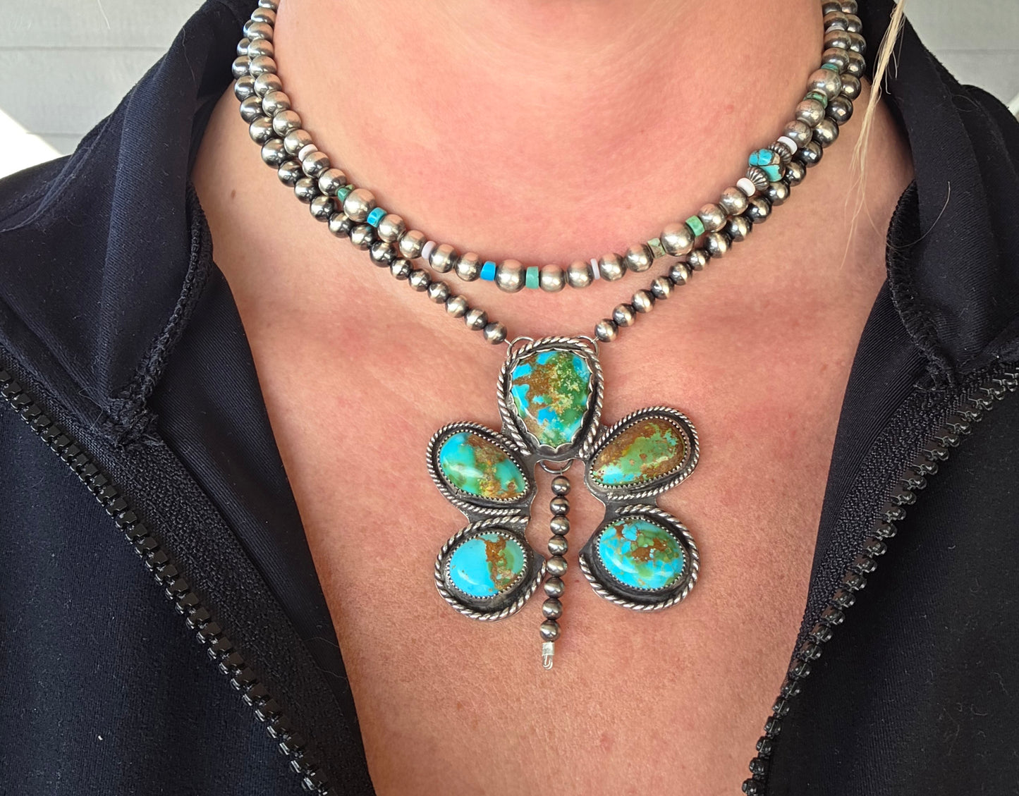 Sonoran Turquoise & Sterling Silver Navajo Style Pearls. 16 inches