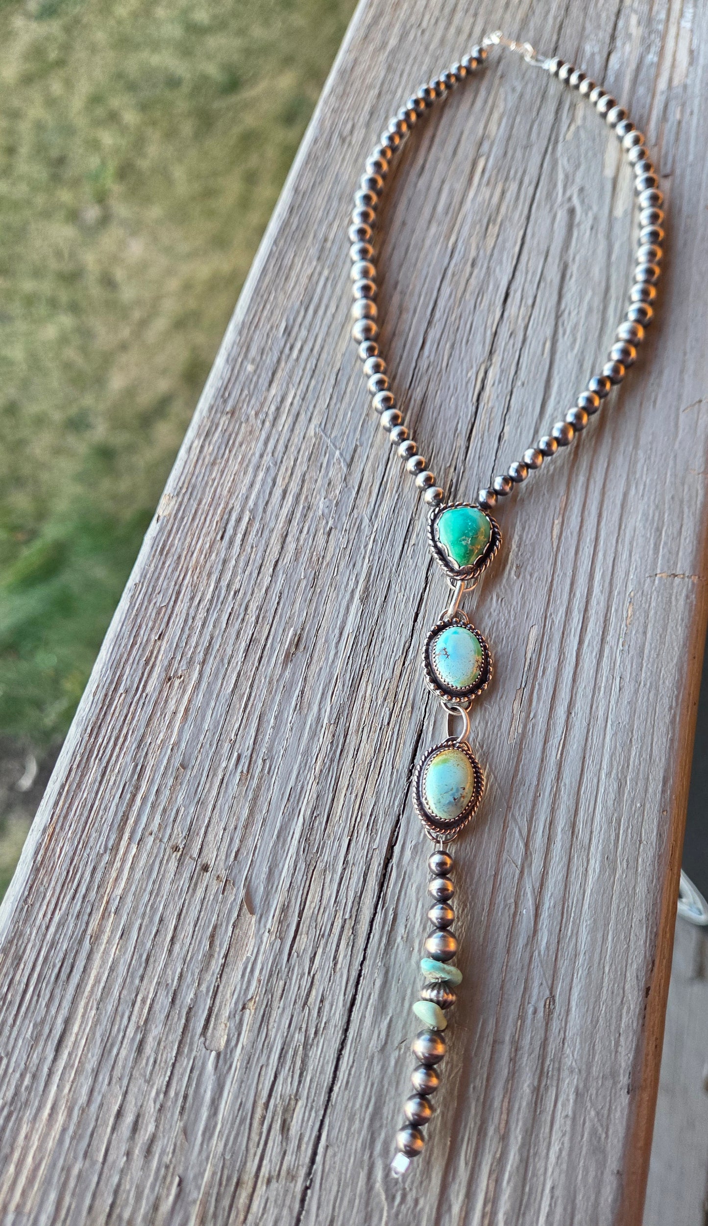 Emerald & Golden Hill Turquoise & Sterling Silver Navajo Style Pearl • 15.5 inches with 5.5 inch drop