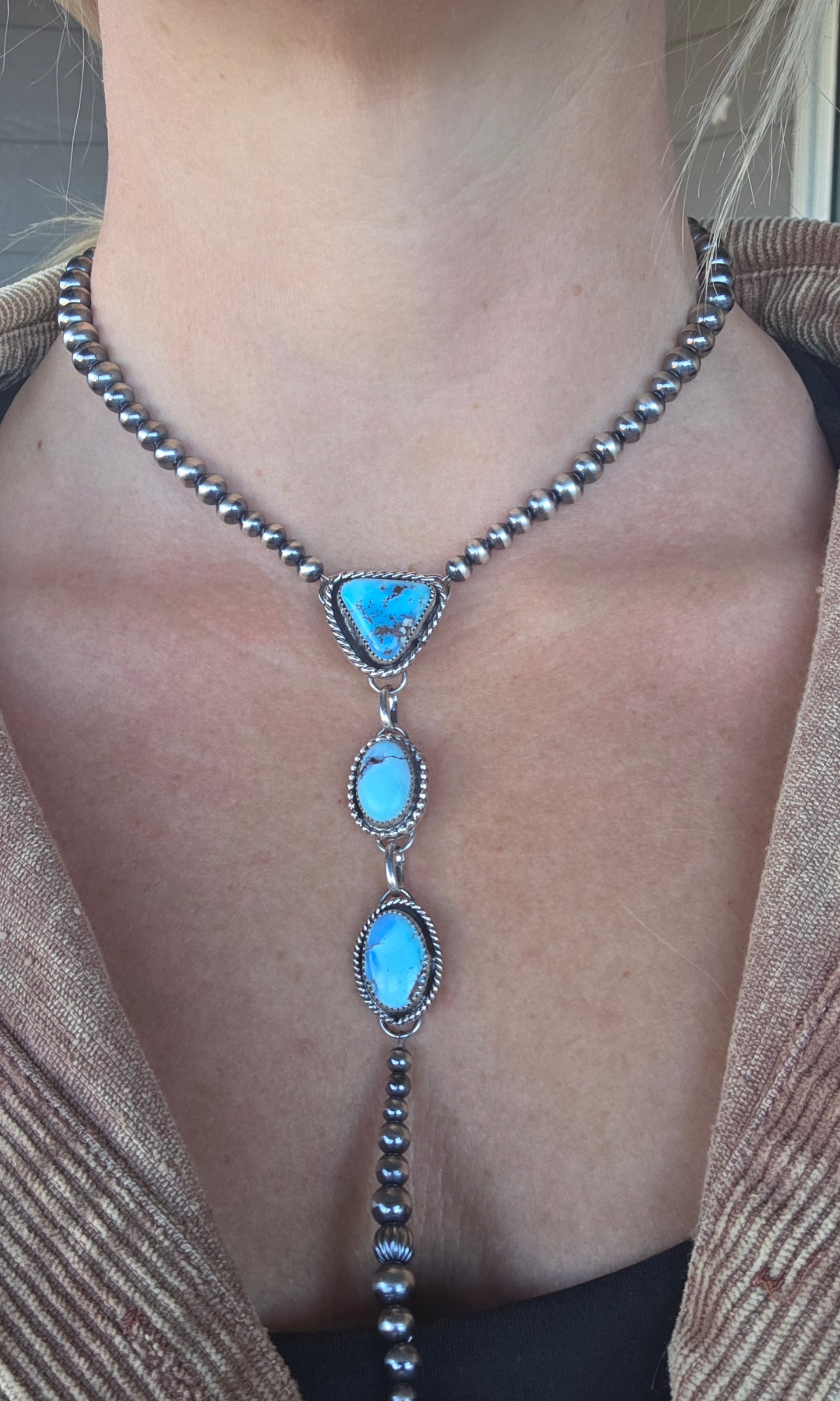 Lariet Golden Hill Turquoise & Sterling Silver Navajo Style Pearl • 16 inches with 6 inch drop