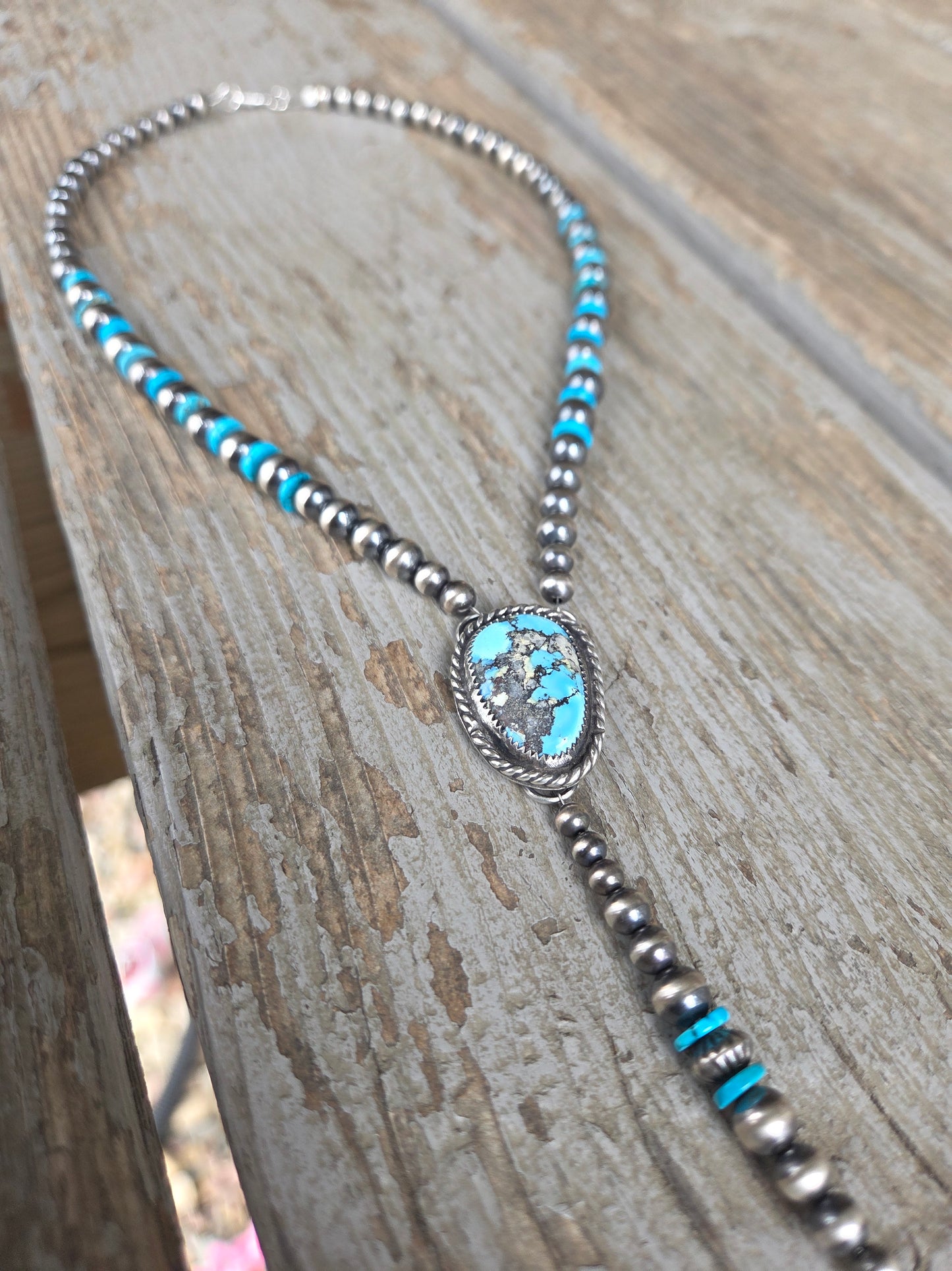 Golden Hill Turquoise Lariat & Sterling Silver Navajo Style Pearls & Turquoise 16 inches