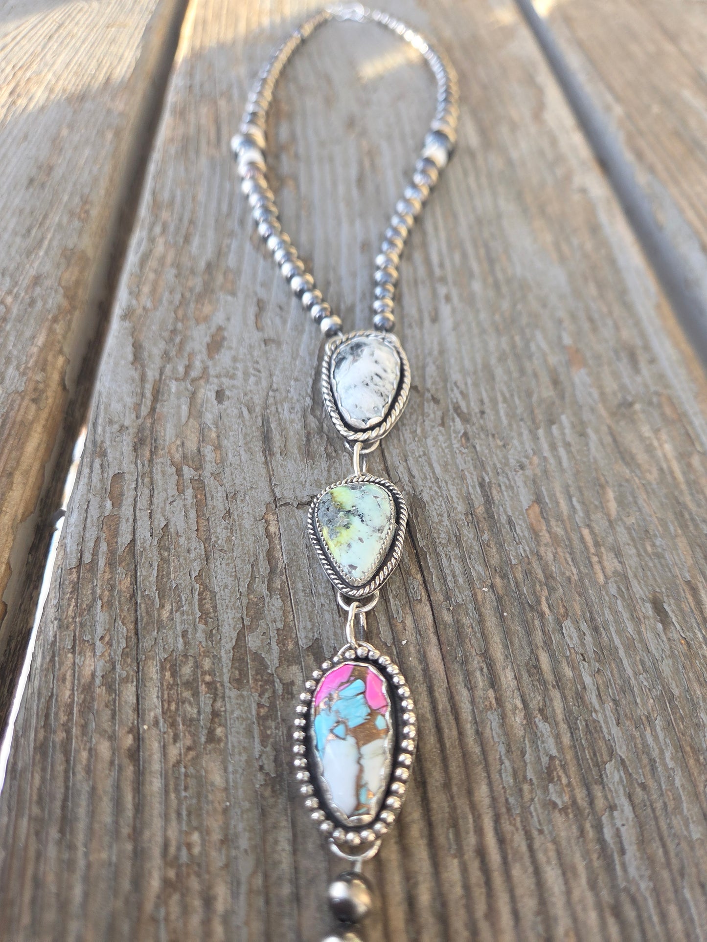 Lariat White Buffalo, Palomino, CottonCandy & Sterling Silver Navajo Style Pearl • 16 inches with 6 inch drop