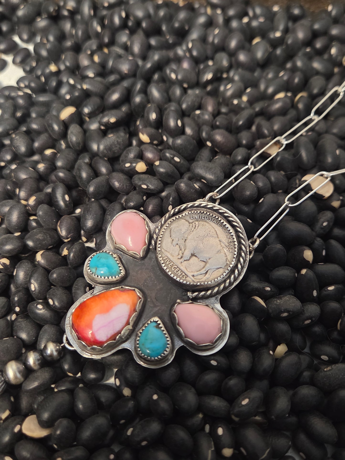 Buffalo Coin•Pink Spiny• Kingsmen Turquoise • Pink Conch with sterling pearls. 18 inches-adjustable chain