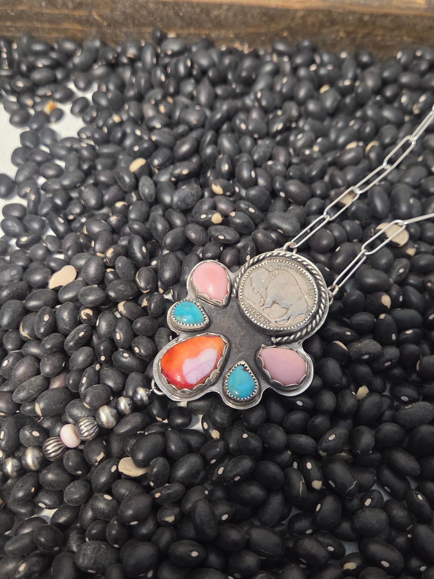 Buffalo Coin•Pink Spiny• Kingsmen Turquoise • Pink Conch with sterling pearls. 18 inches-adjustable chain