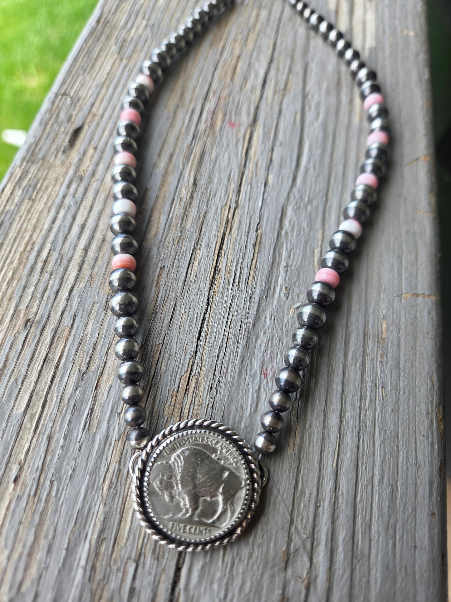 Buffalo Coin  & Pink Conch • Sterling Silver Pearls