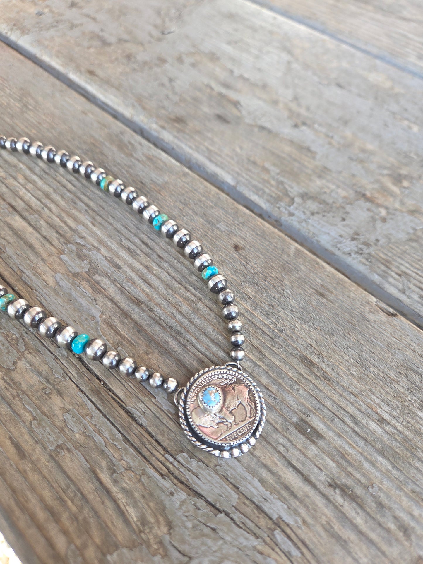 Buffalo Coin  & Golden Hills Turquoise • Sterling Silver Pearls • Kingsmen Beads