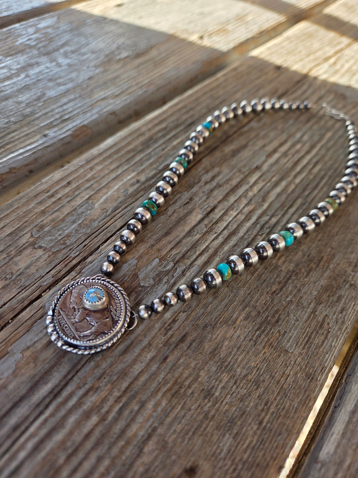 Buffalo Coin  & Golden Hills Turquoise • Sterling Silver Pearls • Kingsmen Beads