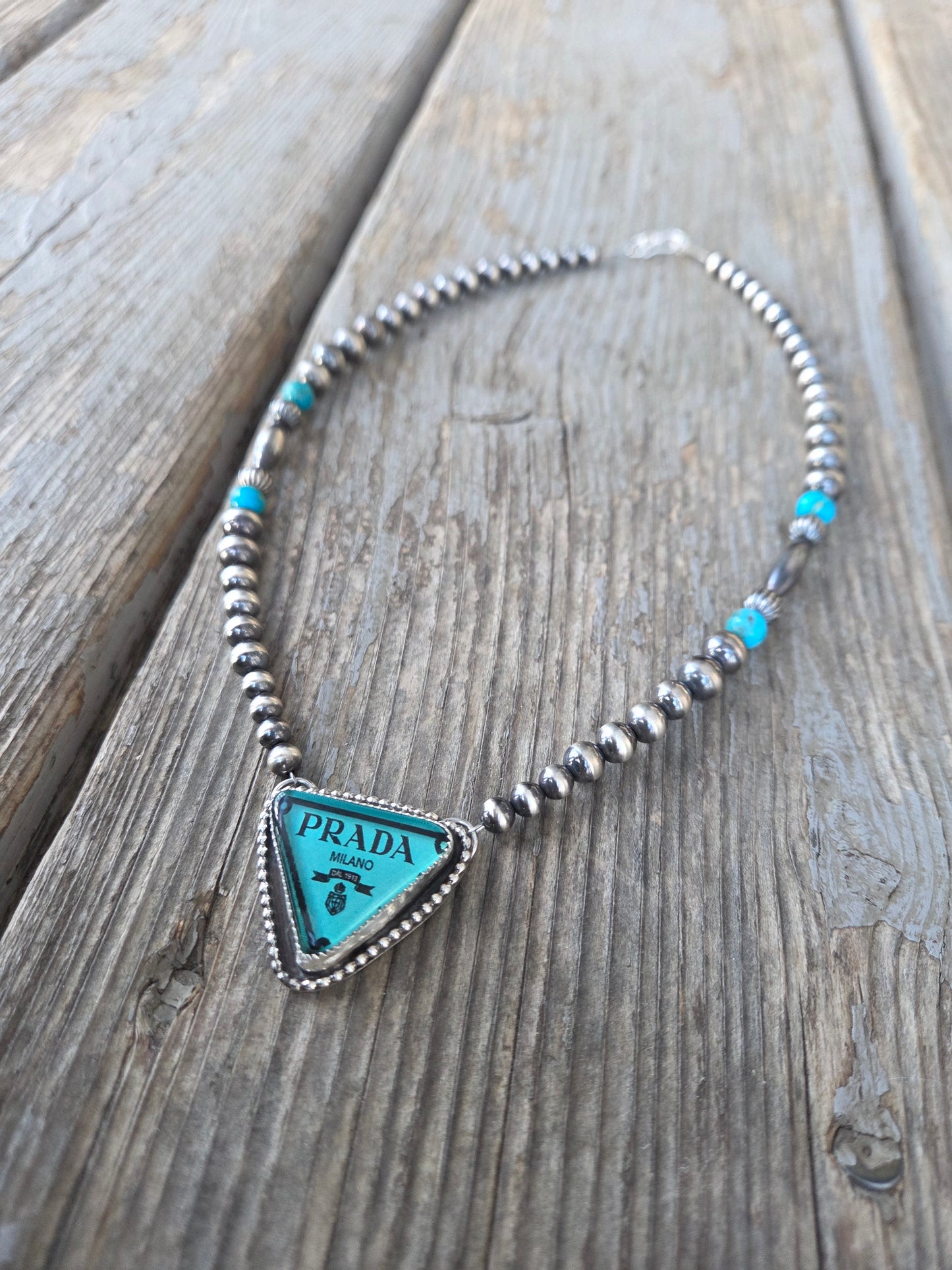 Prada glass Cab• Sterling Silver Pearls with Turquoise beads