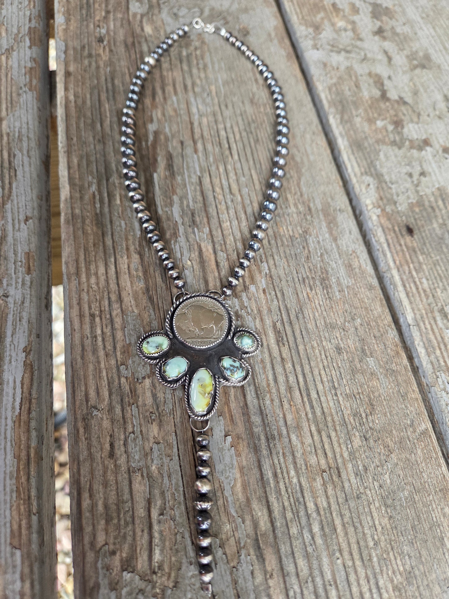 Buffalo Coin• Palomino & Sterling Silver Navajo Style Pearls. 16 inches