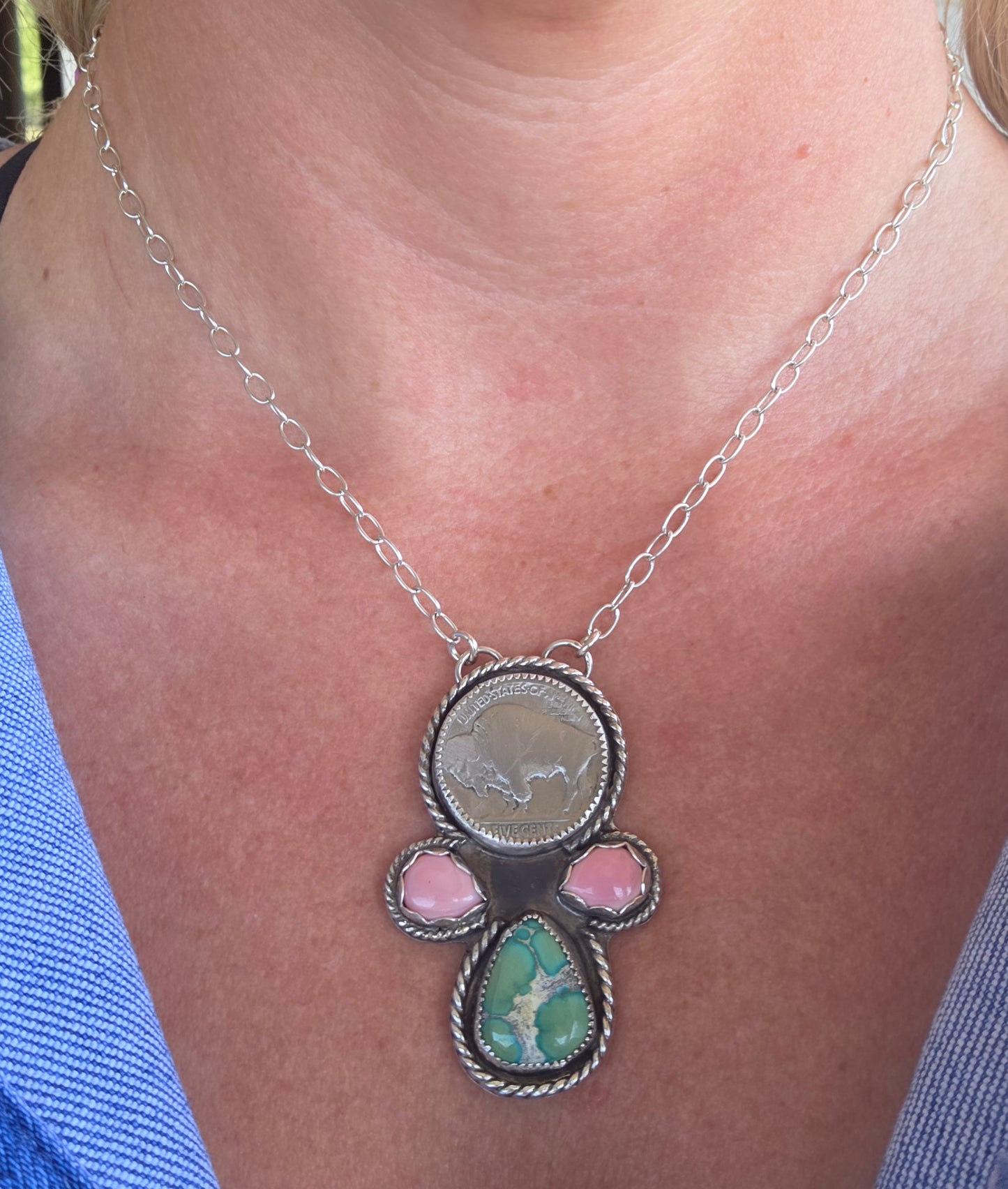 Buffalo Coin, Pink Conch, Emerald Valley Turquoise. 17 inch