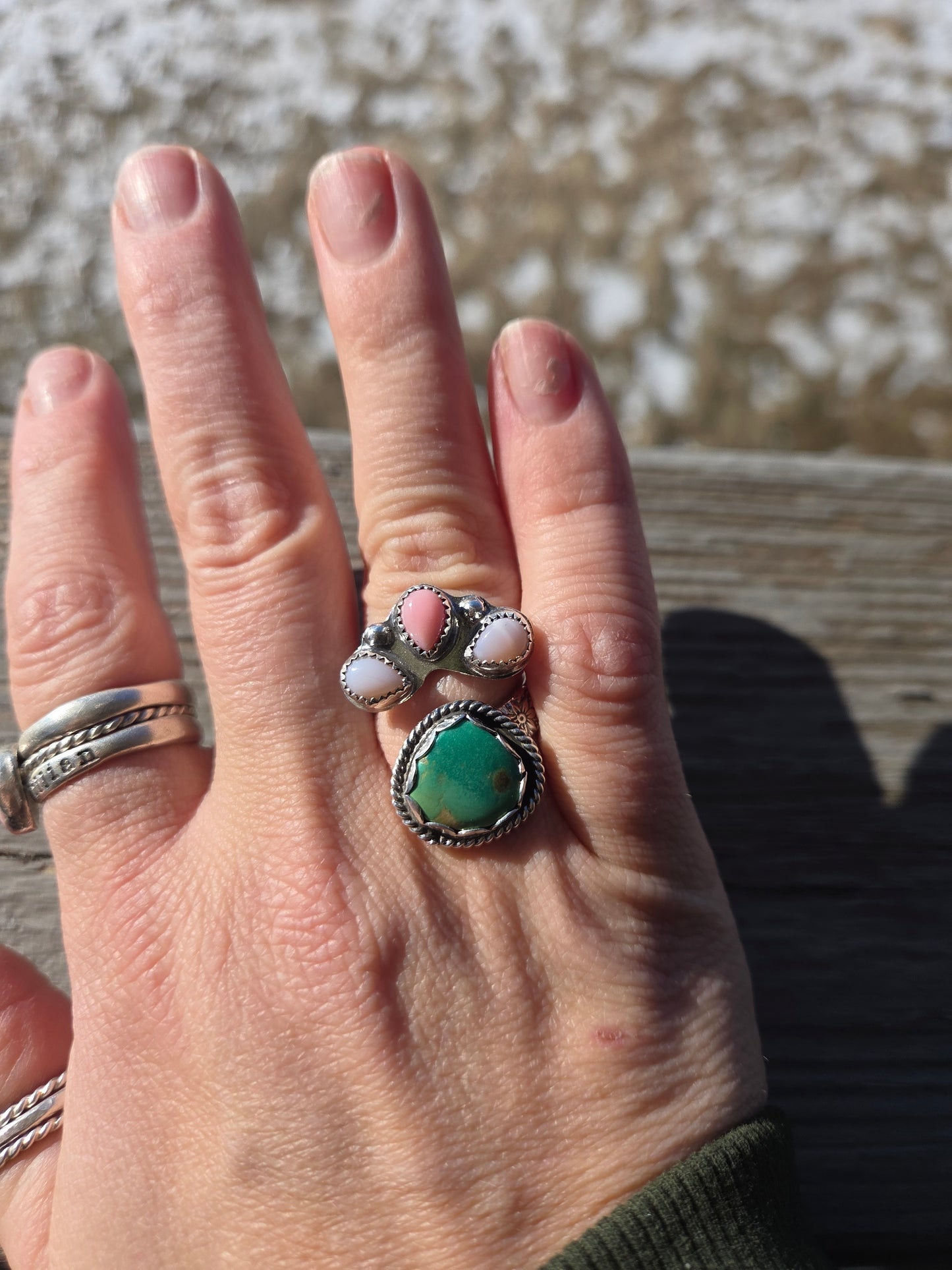 Pink Conch & Emerald Valley Turquoise Wrap ring