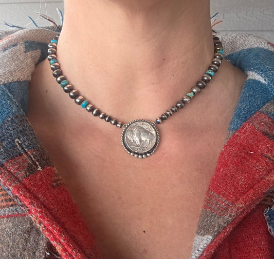Buffalo Coin• Kingsmen Turquoise • Sterling Silver Pearls