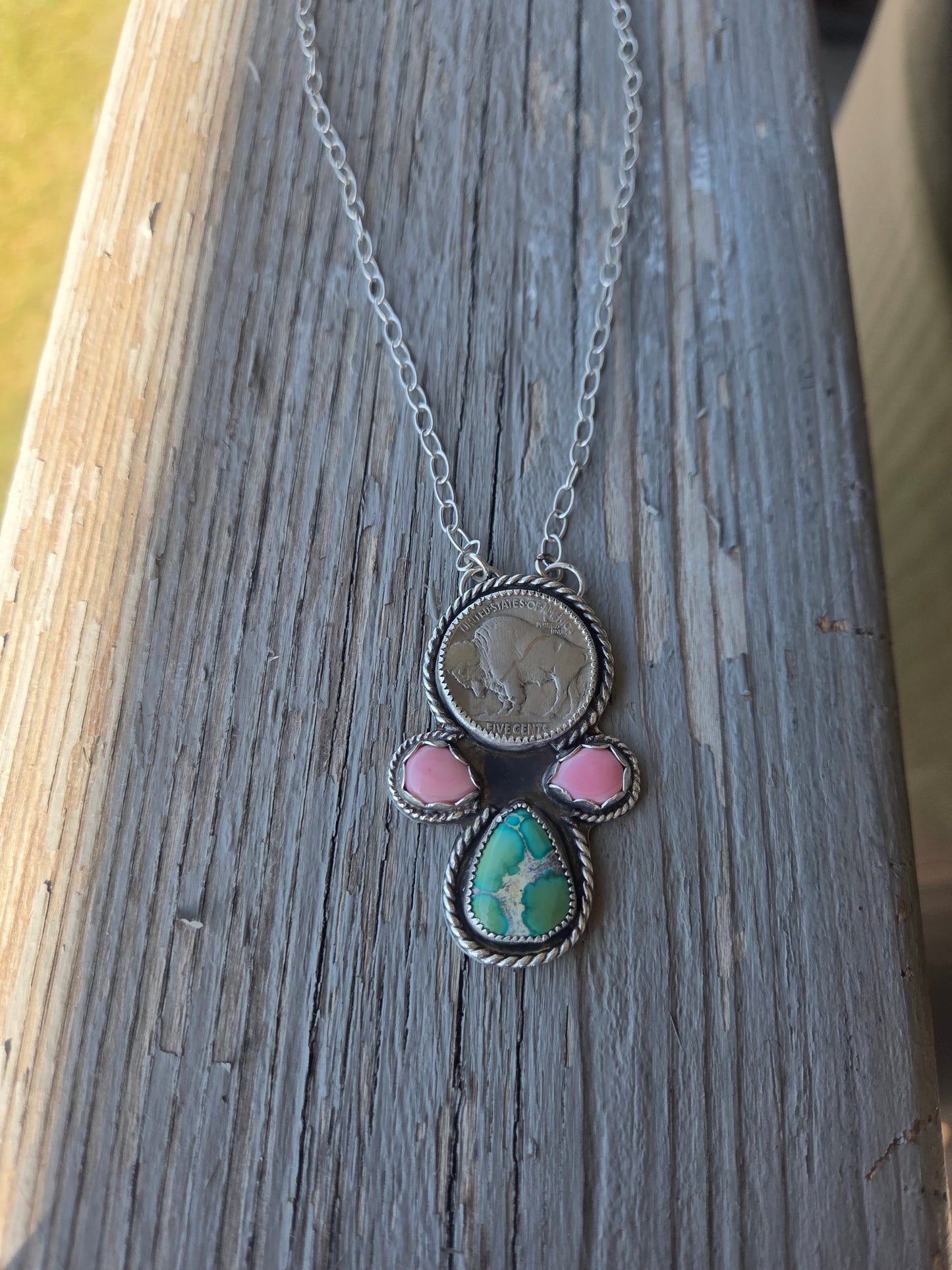 Buffalo Coin, Pink Conch, Emerald Valley Turquoise. 17 inch