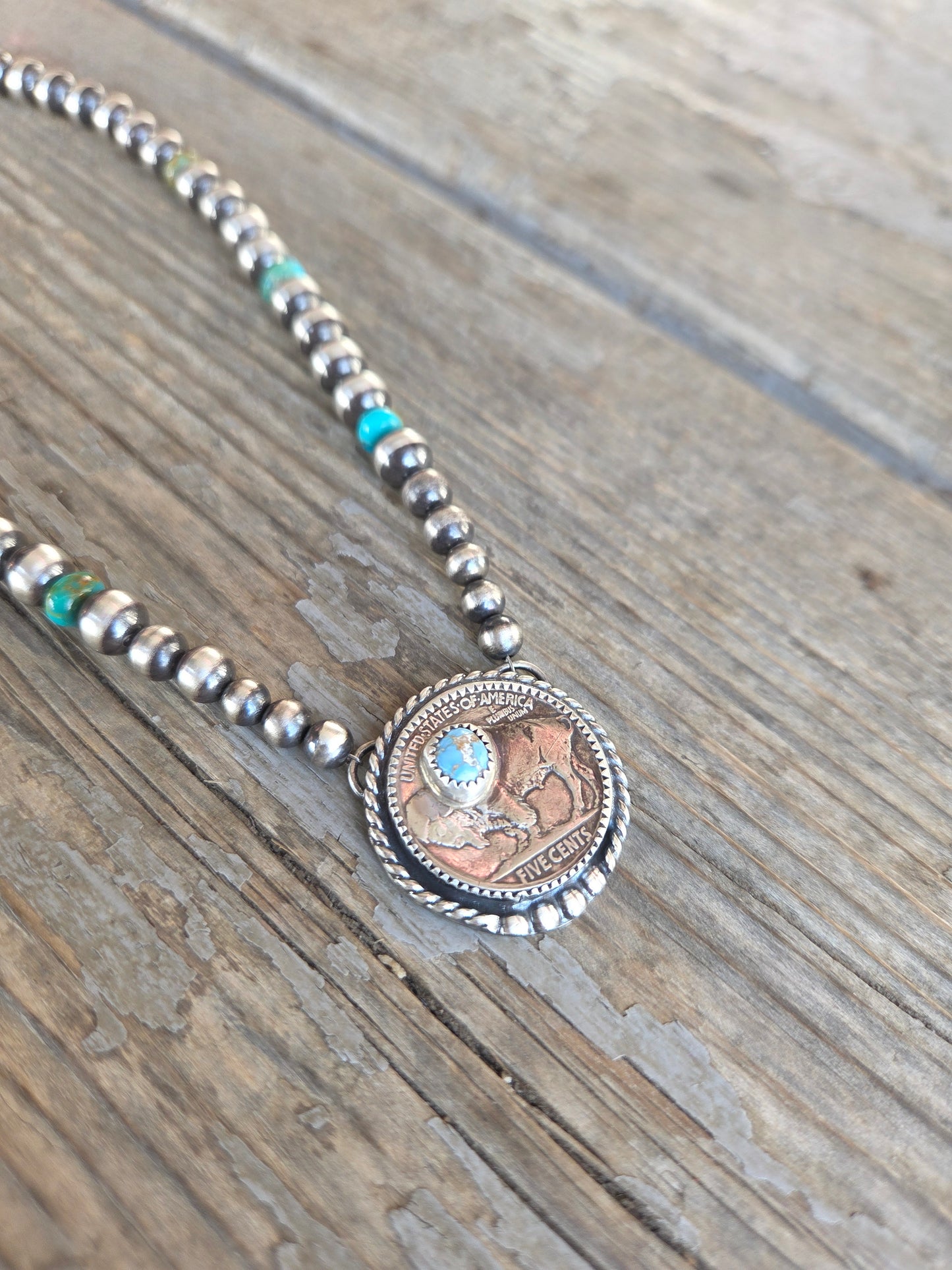 Buffalo Coin  & Golden Hills Turquoise • Sterling Silver Pearls • Kingsmen Beads