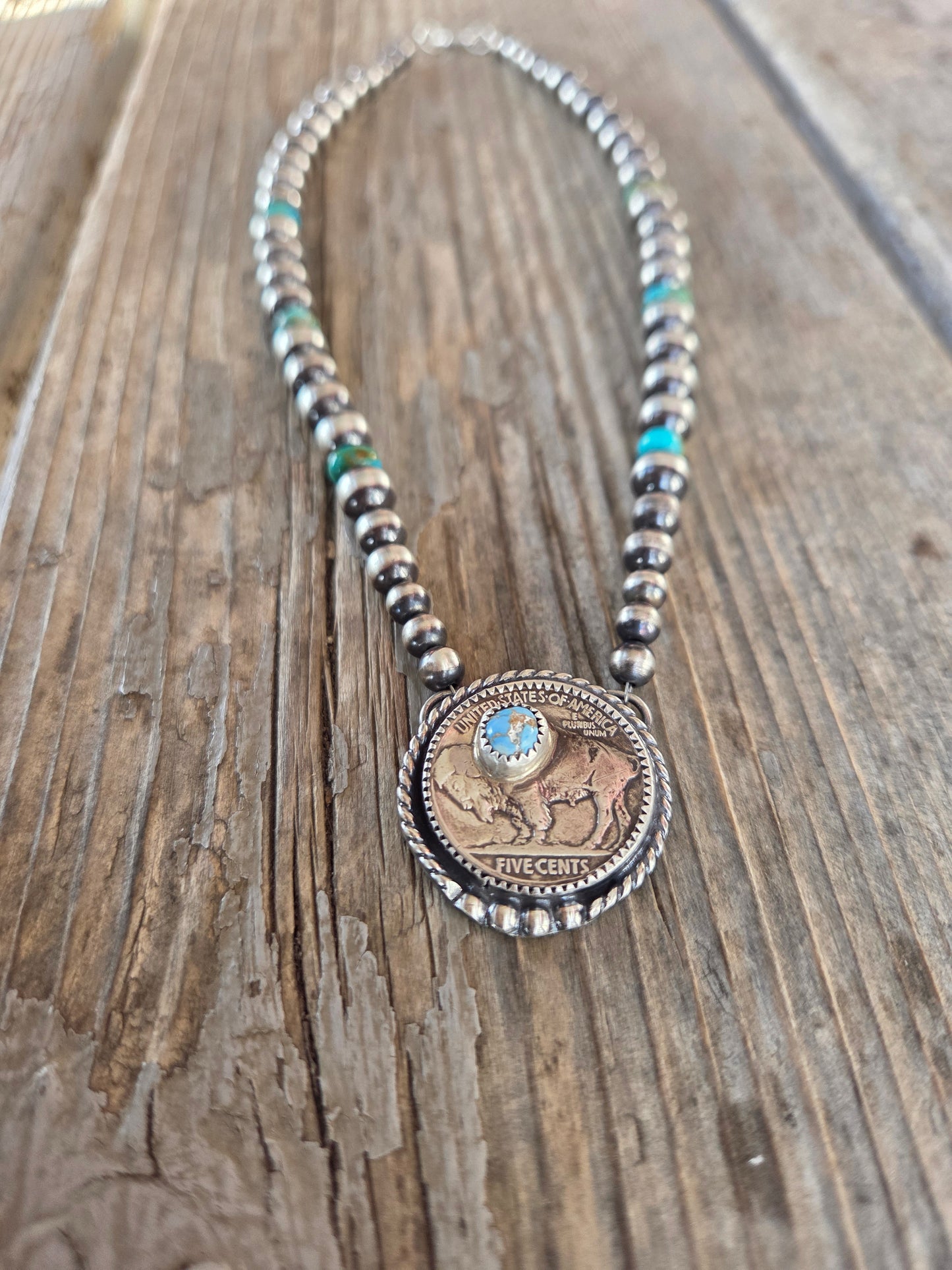Buffalo Coin  & Golden Hills Turquoise • Sterling Silver Pearls • Kingsmen Beads