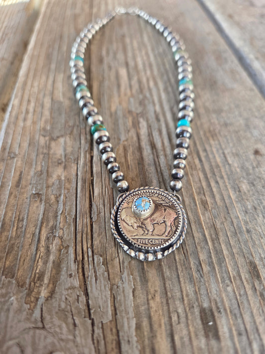 Buffalo Coin  & Golden Hills Turquoise • Sterling Silver Pearls • Kingsmen Beads