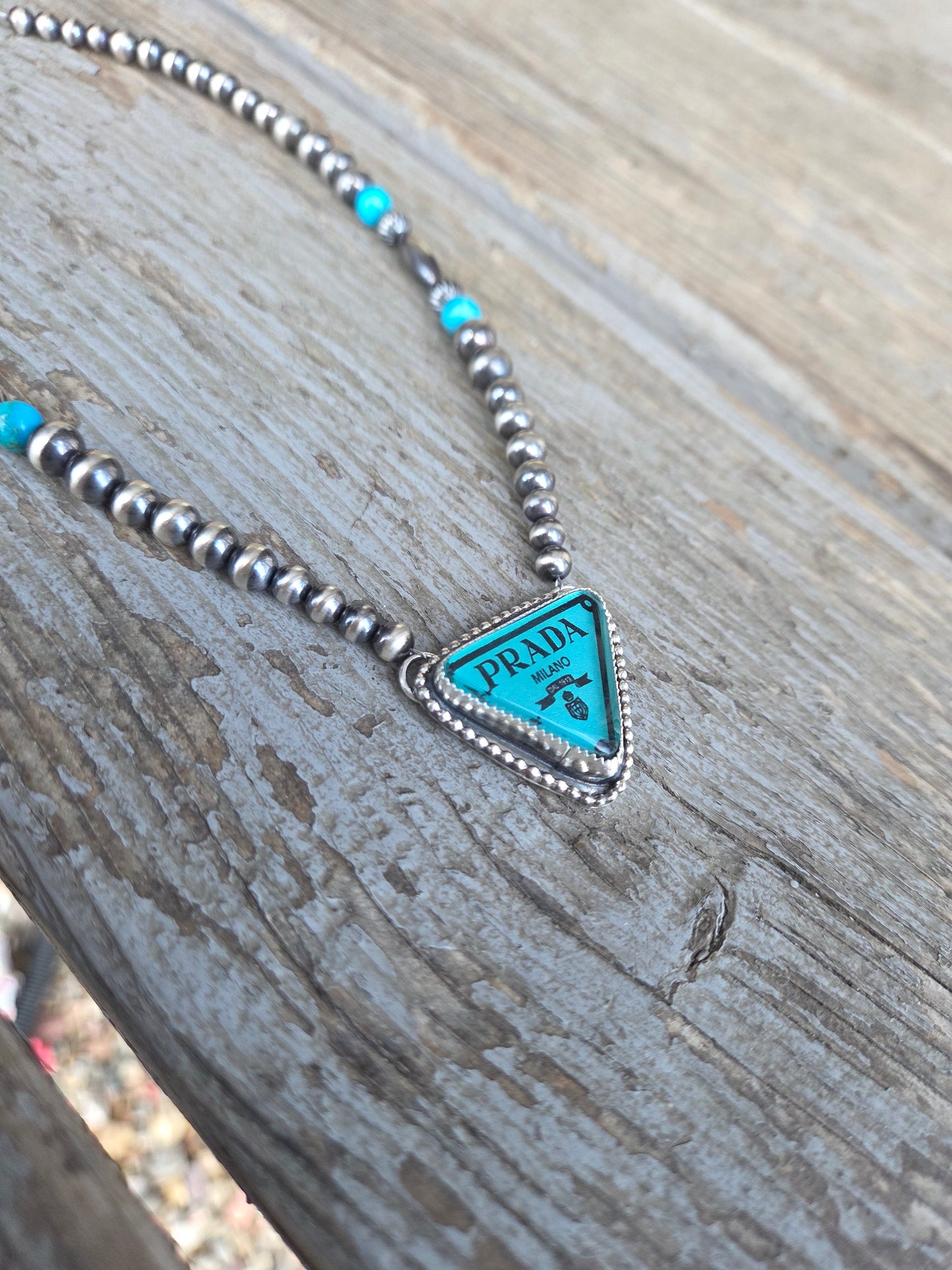 Prada glass Cab• Sterling Silver Pearls with Turquoise beads