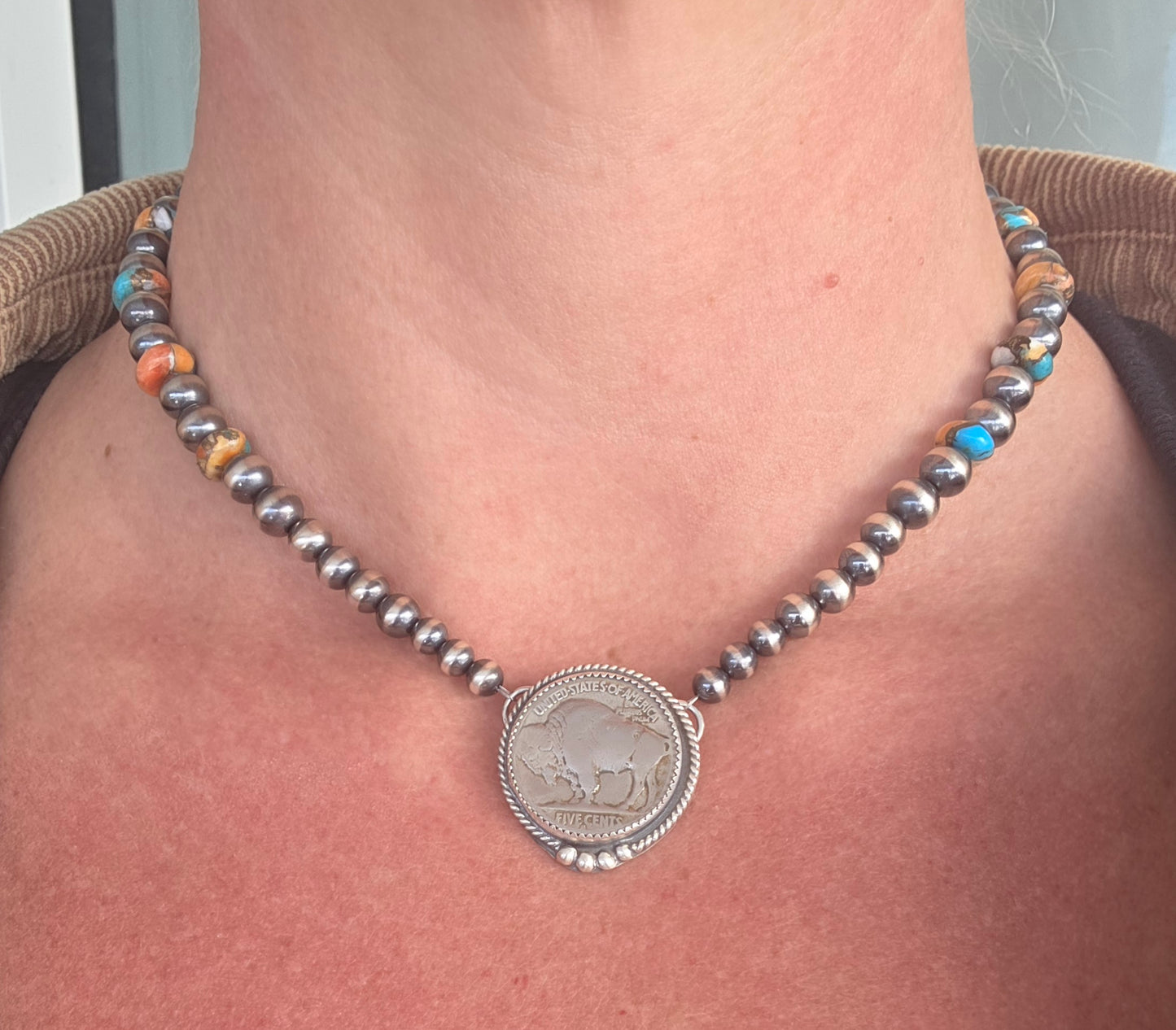 Buffalo Coin• Spiny Oyster Kingsmen Turquoise • Sterling Silver Navajo Style Pearl