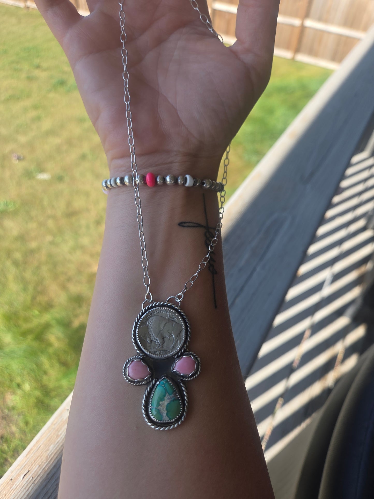 Buffalo Coin, Pink Conch, Emerald Valley Turquoise. 17 inch