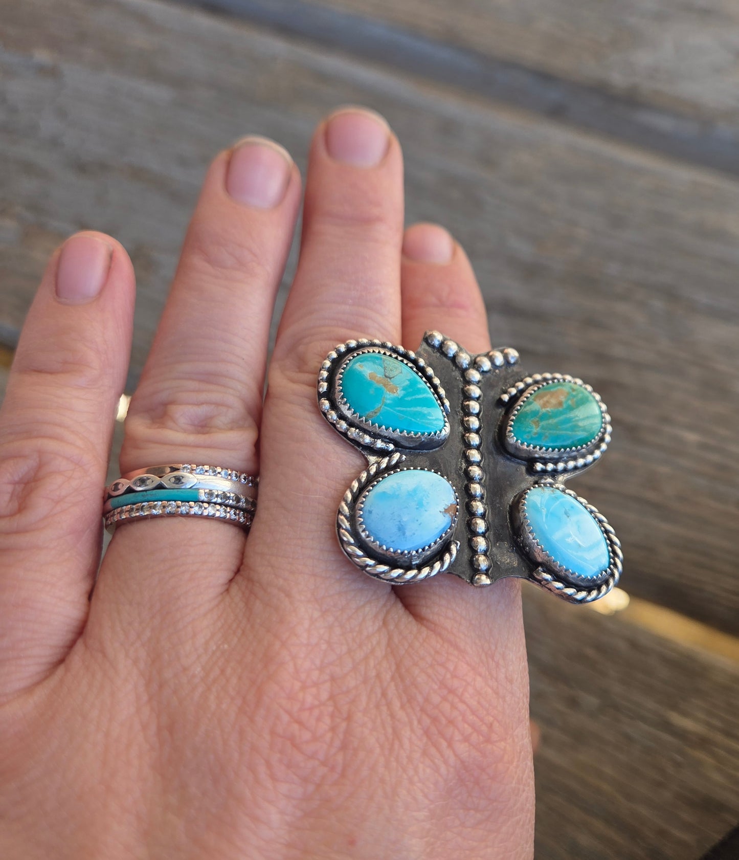 Butterfly Ring Chilean Turquoise & Golden Hill Turquoise Size 7