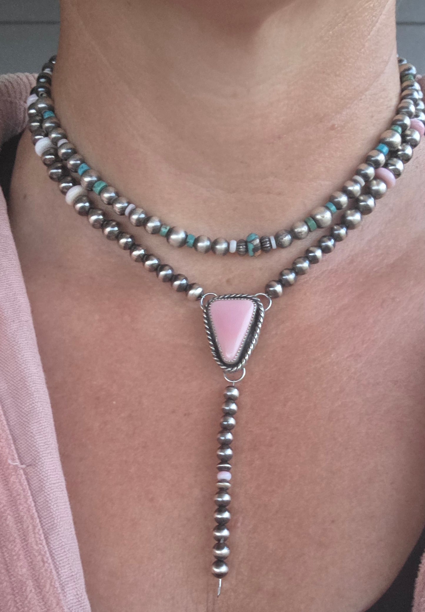 Pink Conch & Sterling Silver Navajo Style Pearls 16 inches