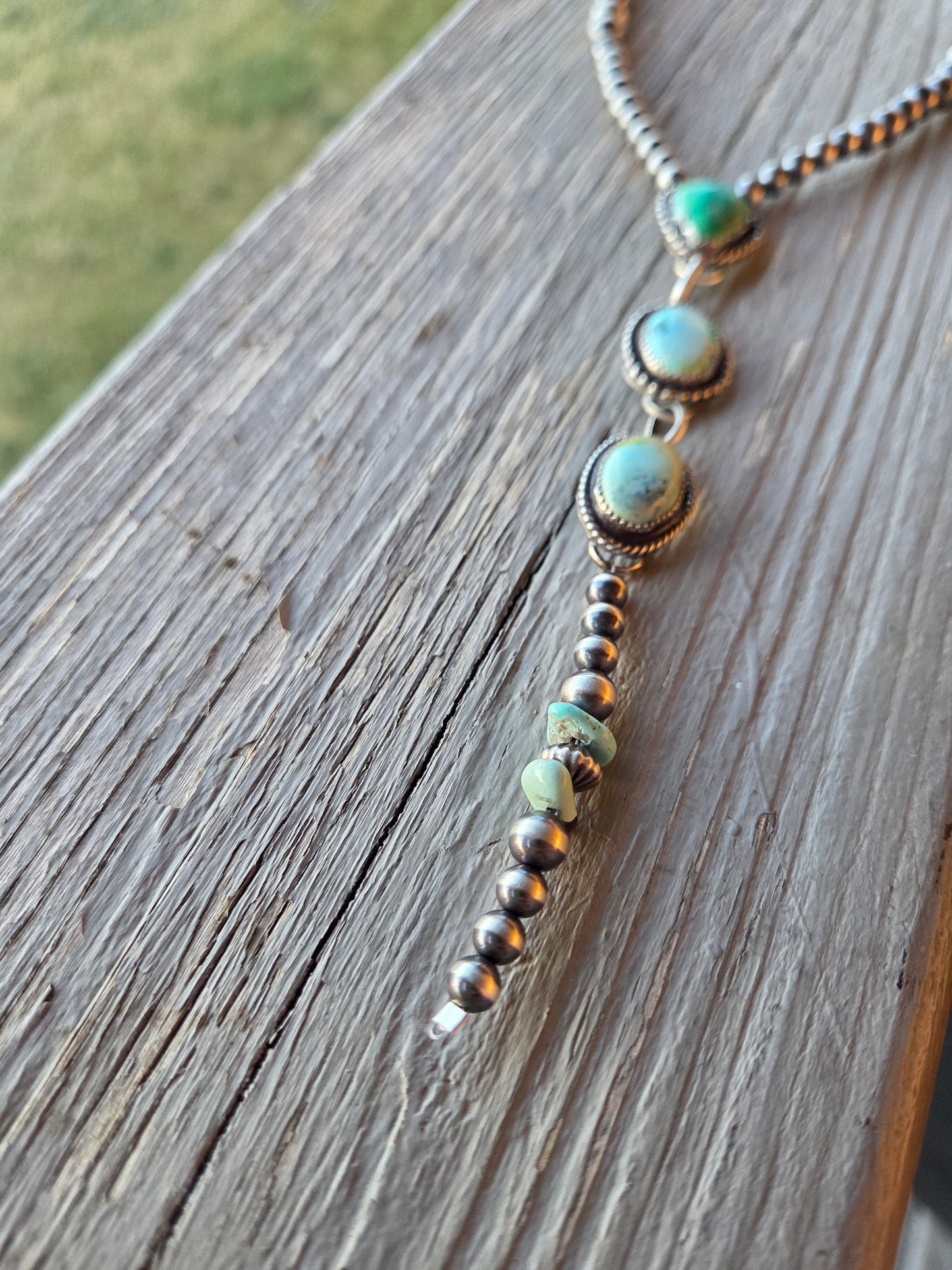 Emerald & Golden Hill Turquoise & Sterling Silver Navajo Style Pearl • 15.5 inches with 5.5 inch drop