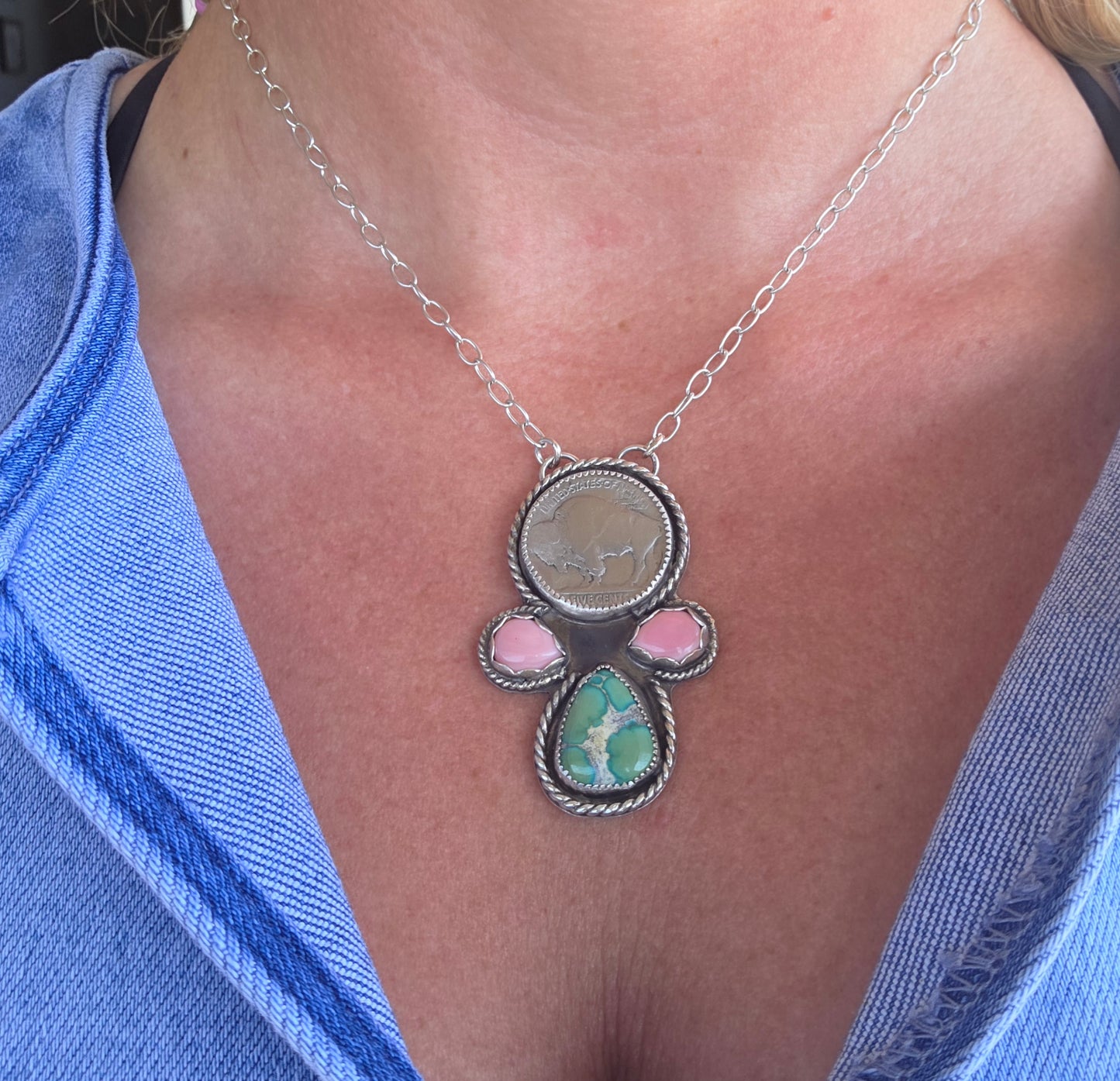 Buffalo Coin, Pink Conch, Emerald Valley Turquoise. 17 inch
