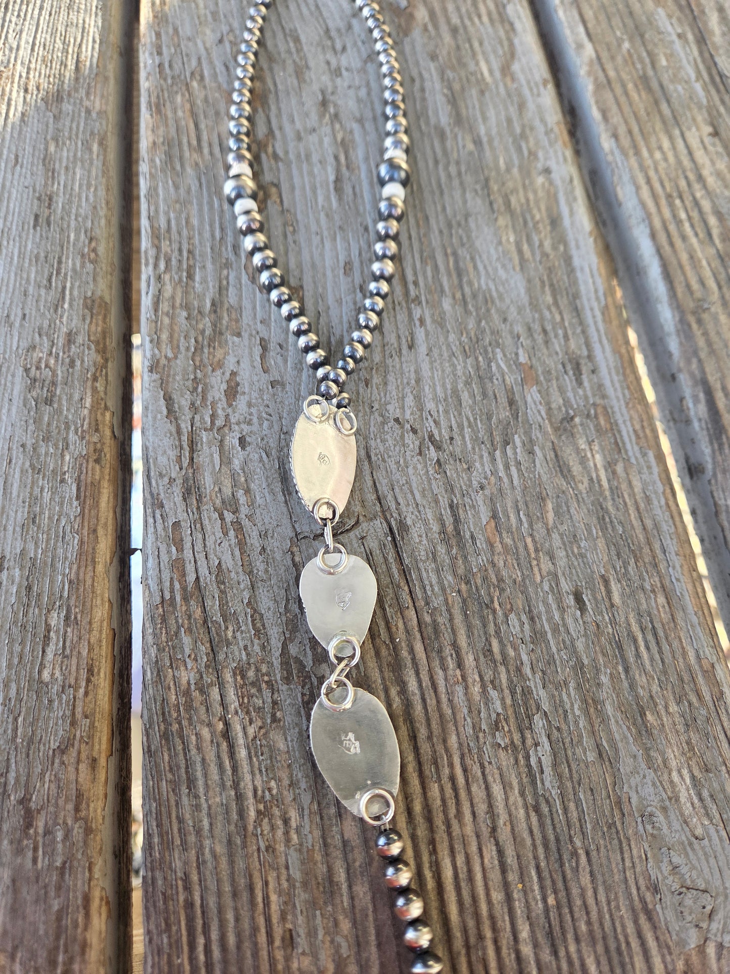 Lariat White Buffalo, Palomino, CottonCandy & Sterling Silver Navajo Style Pearl • 16 inches with 6 inch drop