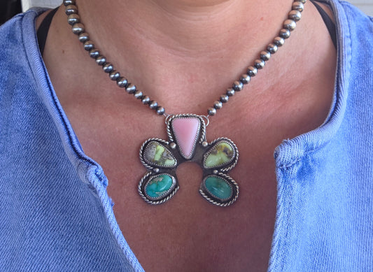 Palomino, Pink Conch, Emerald Valley Turquoise, Sterling Silver Navajo Style Pearls. 16 inches