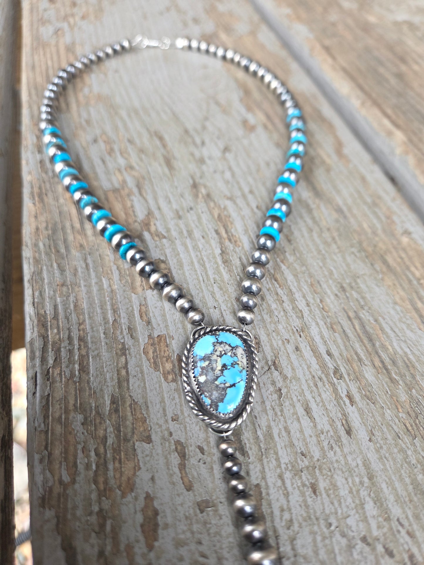 Golden Hill Turquoise Lariat & Sterling Silver Navajo Style Pearls & Turquoise 16 inches