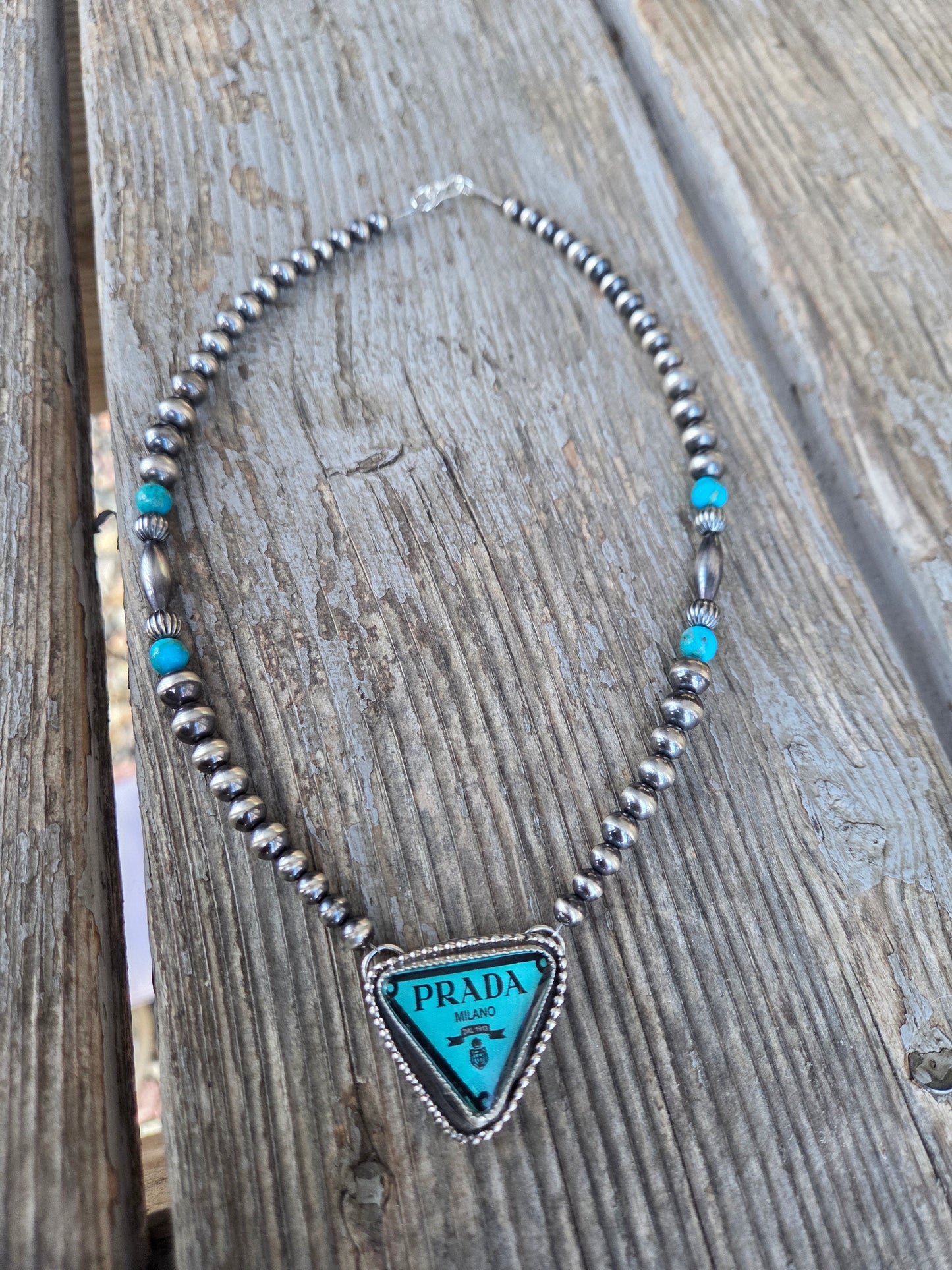 Prada glass Cab• Sterling Silver Pearls with Turquoise beads