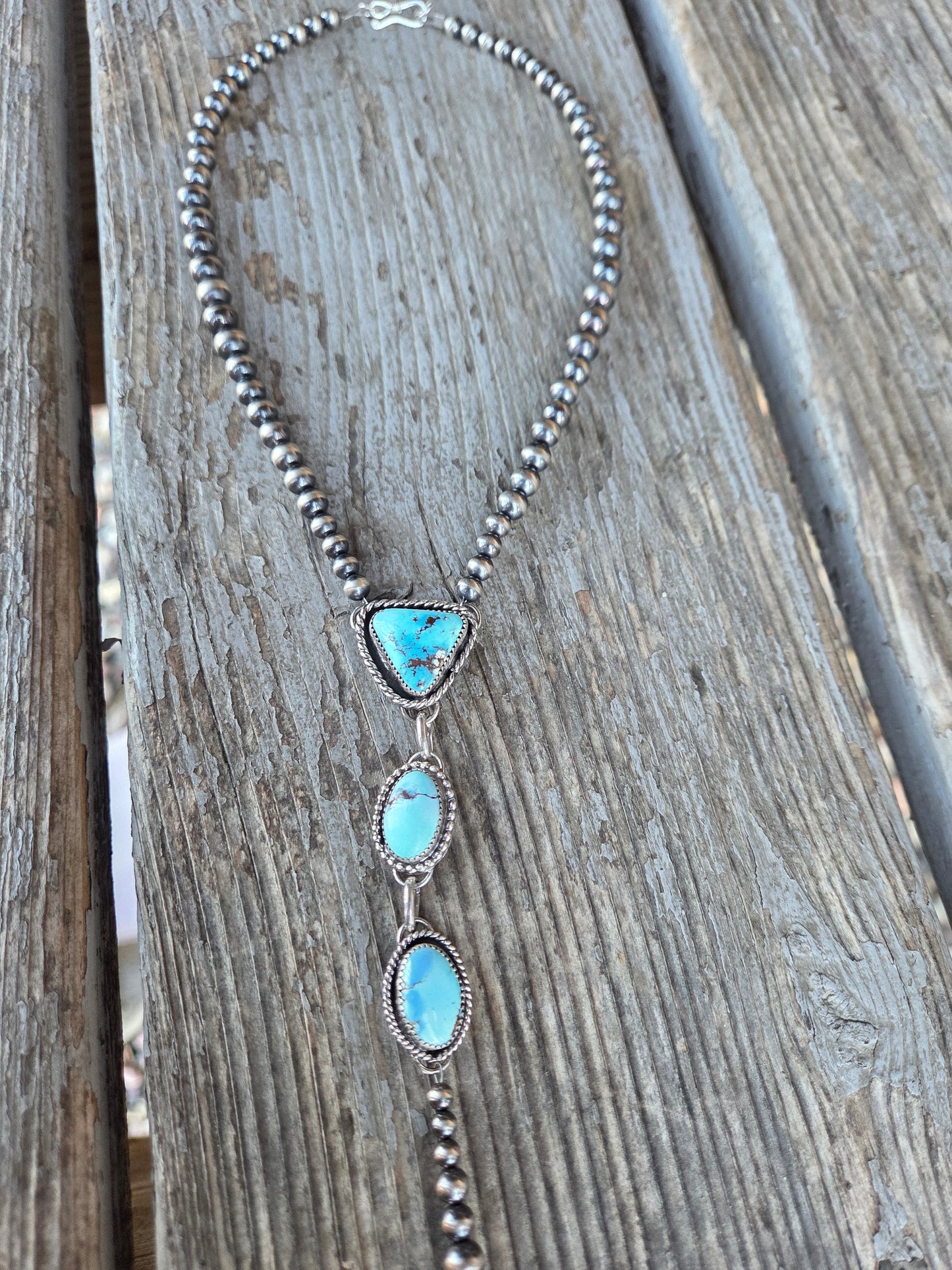 Lariet Golden Hill Turquoise & Sterling Silver Navajo Style Pearl • 16 inches with 6 inch drop