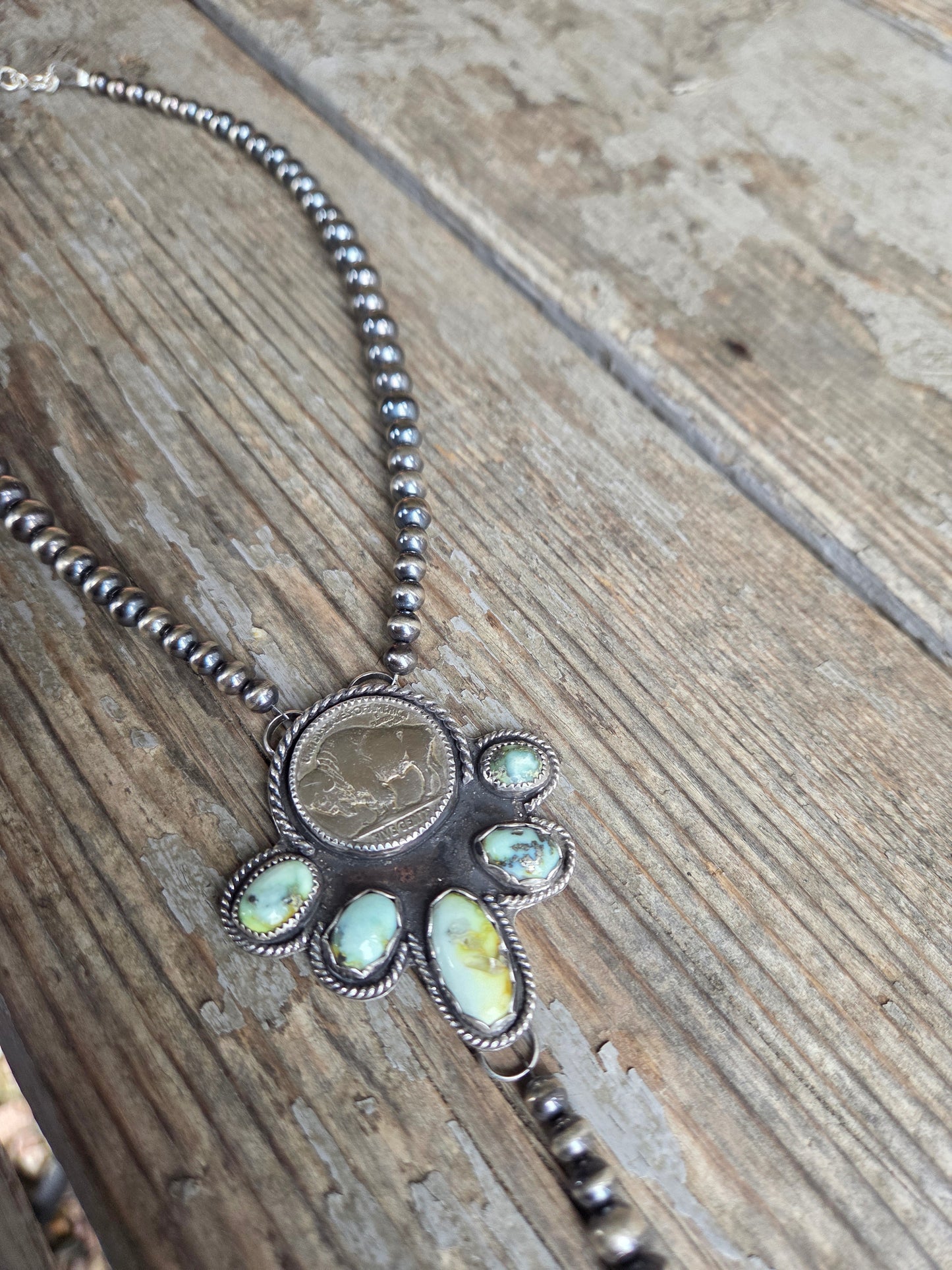 Buffalo Coin• Palomino & Sterling Silver Navajo Style Pearls. 16 inches