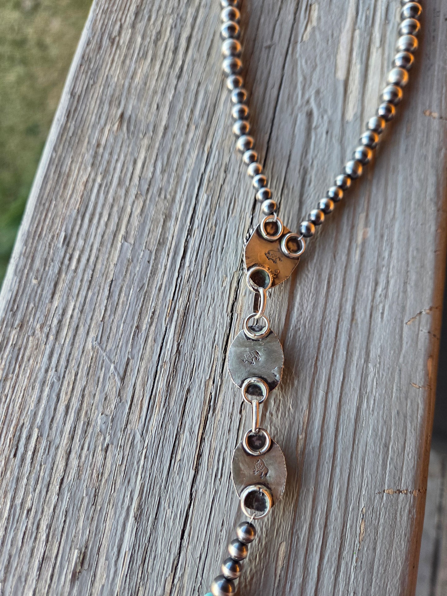 Emerald & Golden Hill Turquoise & Sterling Silver Navajo Style Pearl • 15.5 inches with 5.5 inch drop