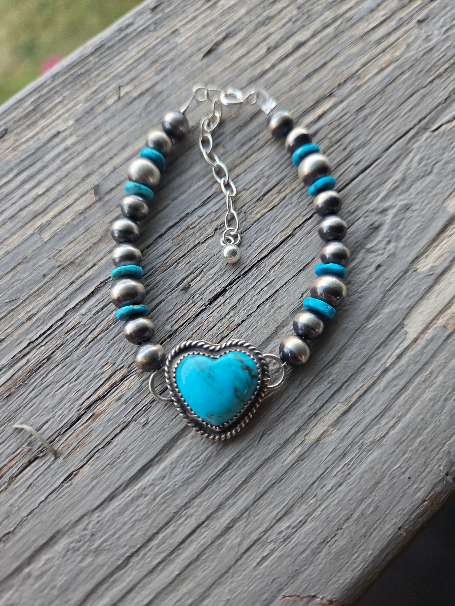 Kingsmen Heart •Sterling Silver Navajo Style Pearl • Turquoise Sterling Silver Adjustable clasp.  fits size 6.25-8
