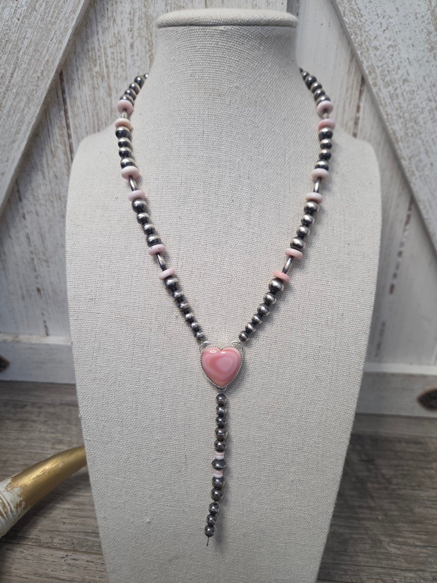 Pink Conch Lariat & Sterling Silver Navajo Style Pearls 16.5 inches