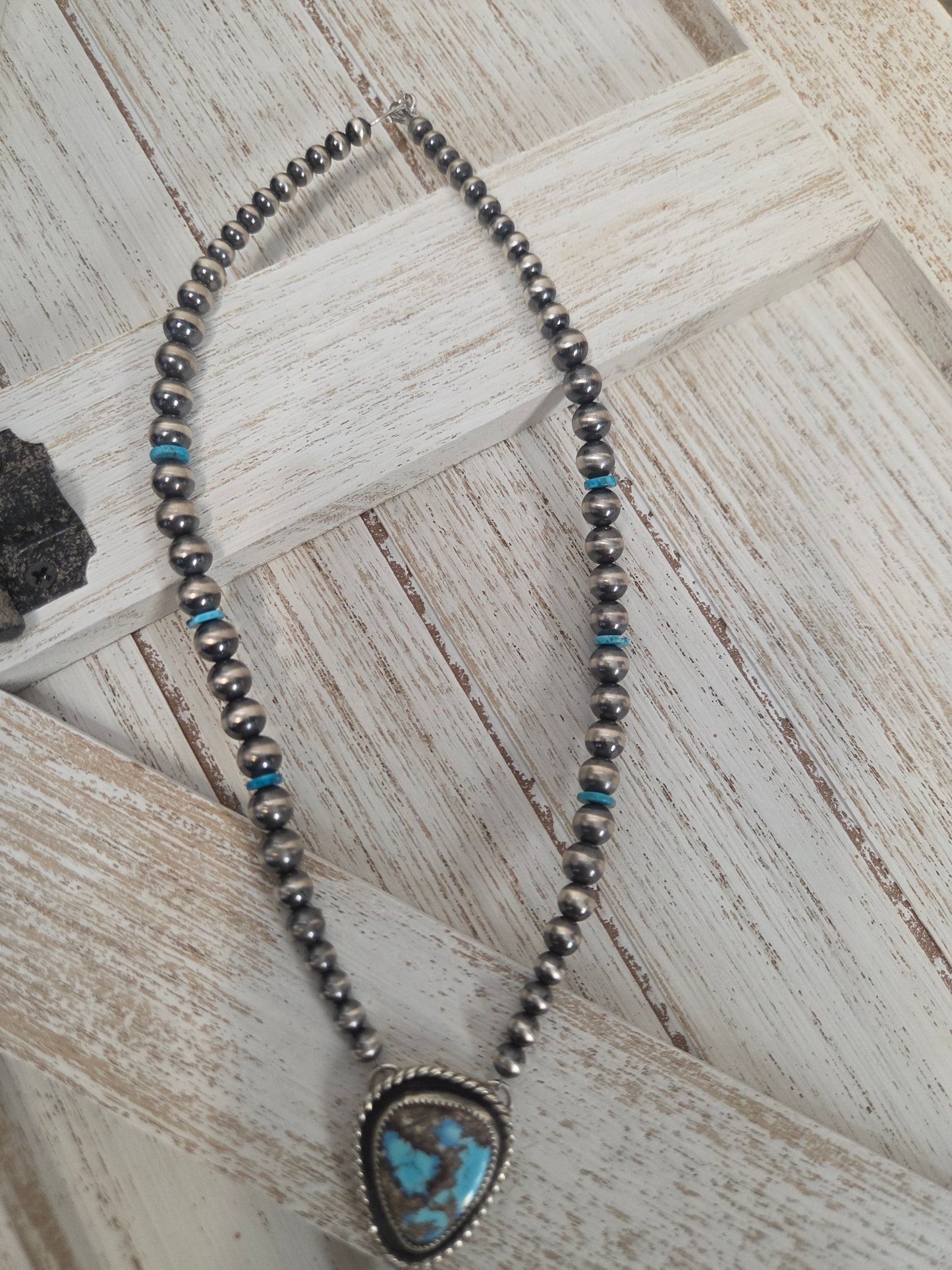 Golden Hill Turquoise Lariat & Sterling Silver Navajo Style Pearls & Turquoise 16 inches