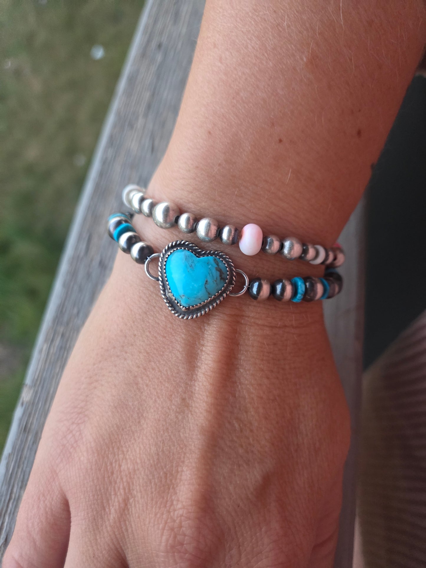 Kingsmen Heart •Sterling Silver Navajo Style Pearl • Turquoise Sterling Silver Adjustable clasp.  fits size 6.25-8