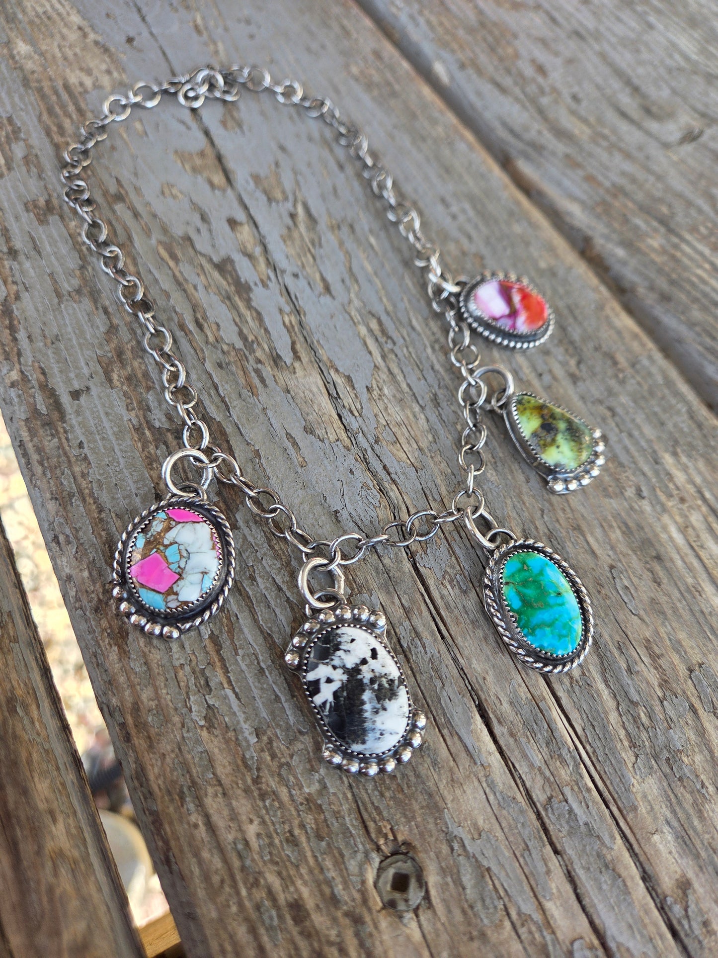 Choker Charm• Sierra Belle Turquoise • White Buffalo • Palomino • Cotton Candy • Pink Spiny Adjustable up to 16 inches.